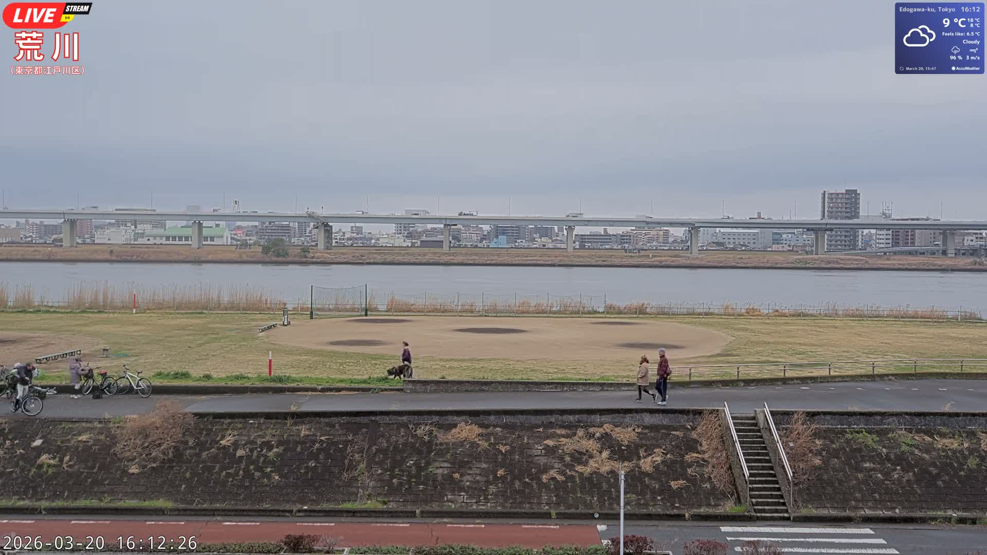 Tokyo, Arakawa River,  Komatsugawabashi Joryu Baseball Fields & Edogawa Discrict ( 東京、荒川、小松川橋女流野球場、江戸川区 ) Live Cam - 1 Chome, Hirai, Edogawa Ku, Tokyo, Kantō, Honshu, Japan