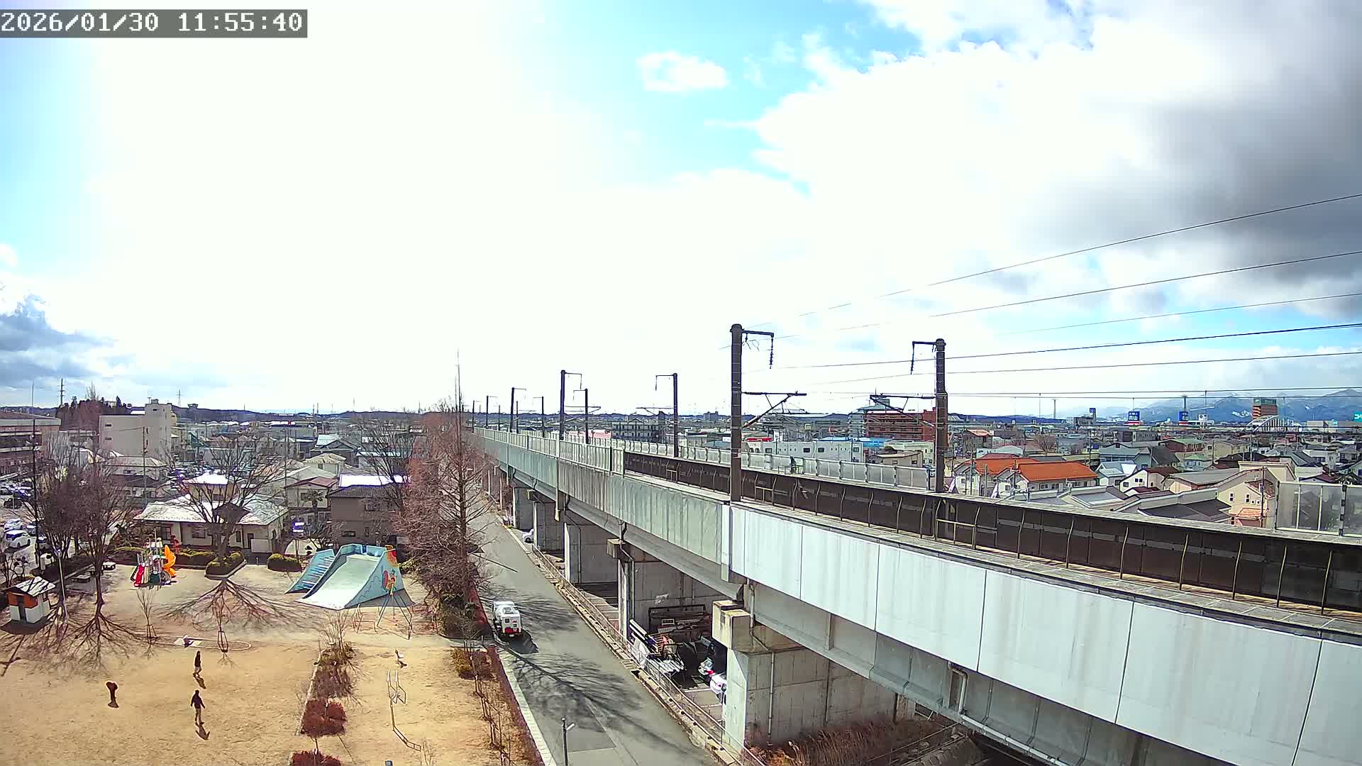 Koriyama City Skyline & Tonoku / Akita Shinkansen ( Bullet Train ) Viaduct ( 郡山市街のスカイラインと東濃・秋田新幹線高架橋 ) Live Cam - 2 Chome, Asakamachi Hidenoyama, Koriyama, Fukuşima, Tōhoku, Honshu, Japan