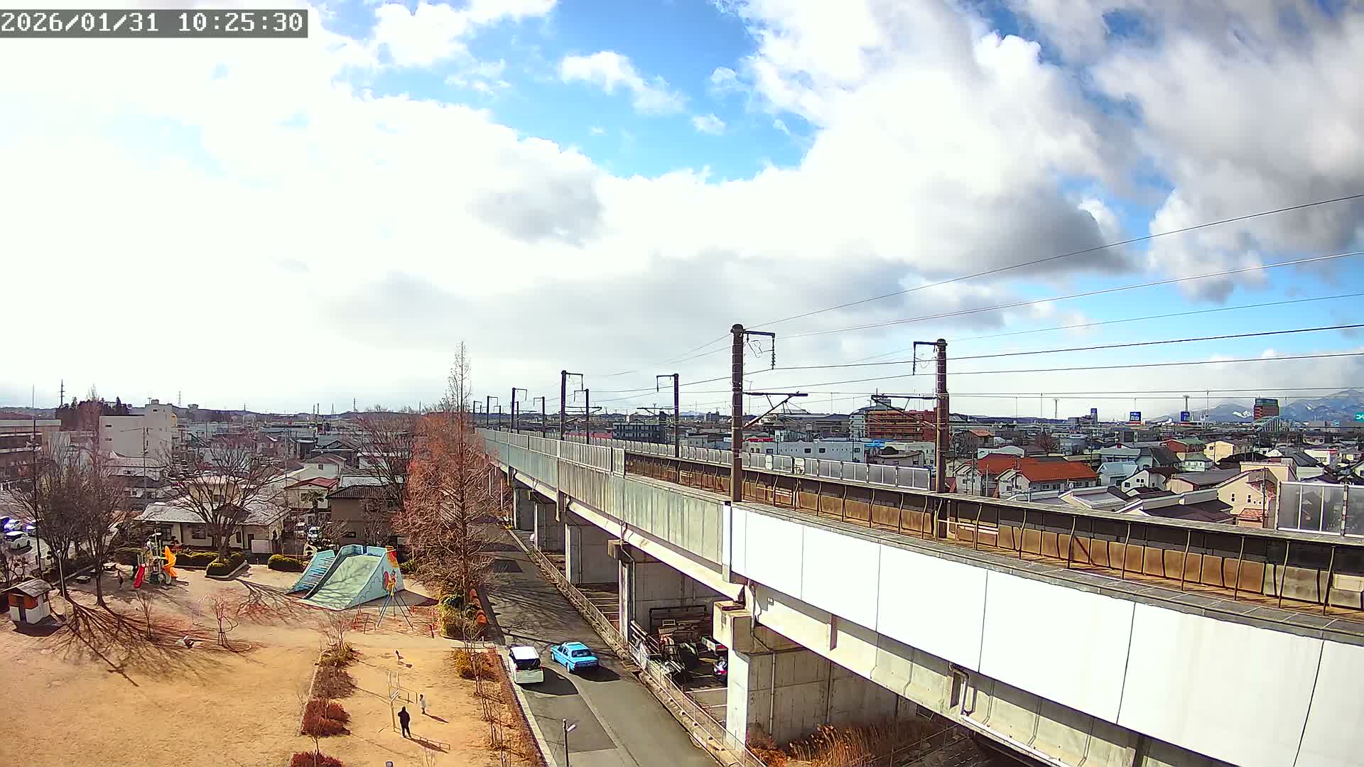 Koriyama City Skyline & Tonoku / Akita Shinkansen ( Bullet Train ) Viaduct ( 郡山市街のスカイラインと東濃・秋田新幹線高架橋 ) Live Cam - 2 Chome, Asakamachi Hidenoyama, Koriyama, Fukuşima, Tōhoku, Honshu, Japan