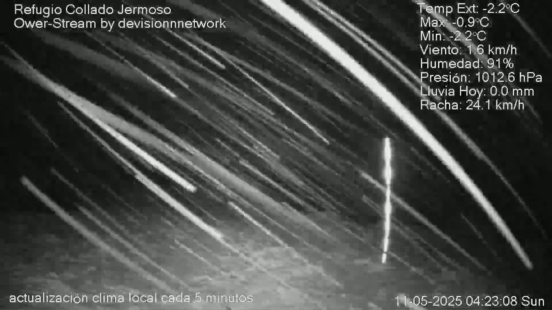 A nighttime outdoor image shows numerous bright streaks across a dark sky, indicating a meteor shower, under conditions of -2.2°C, 1.6 km/h wind, and 91% humidity.