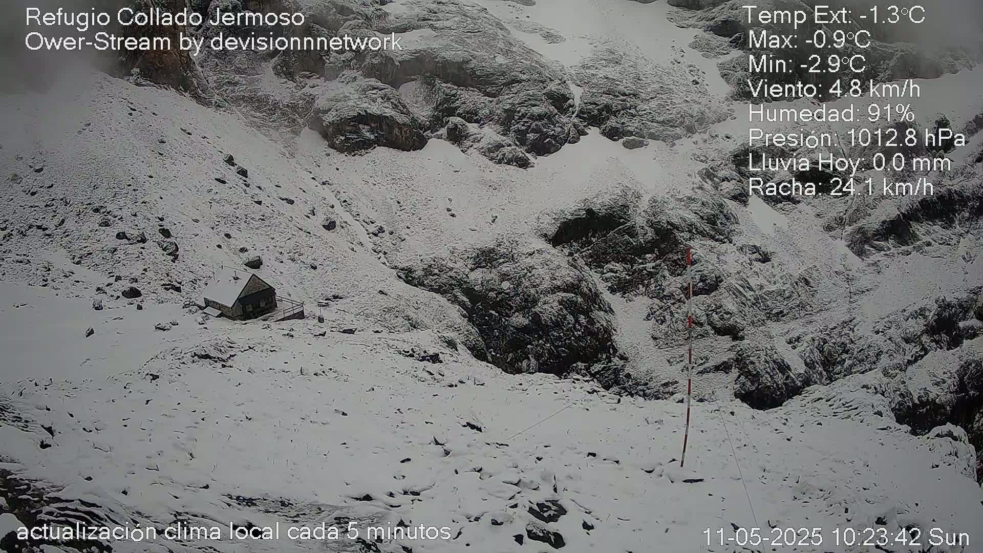 A small snow-covered building sits on a snowy, rocky mountainside in windy, cold weather.