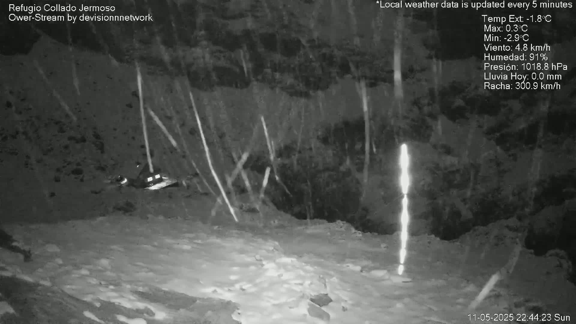 A nighttime, low-light image shows a structure in a snowy, windy environment with precipitation.