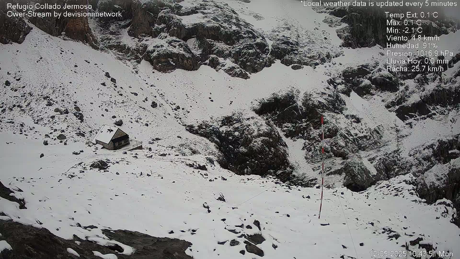 A small cabin sits on a snow-covered mountainside amidst rocky terrain in cold, windy conditions.