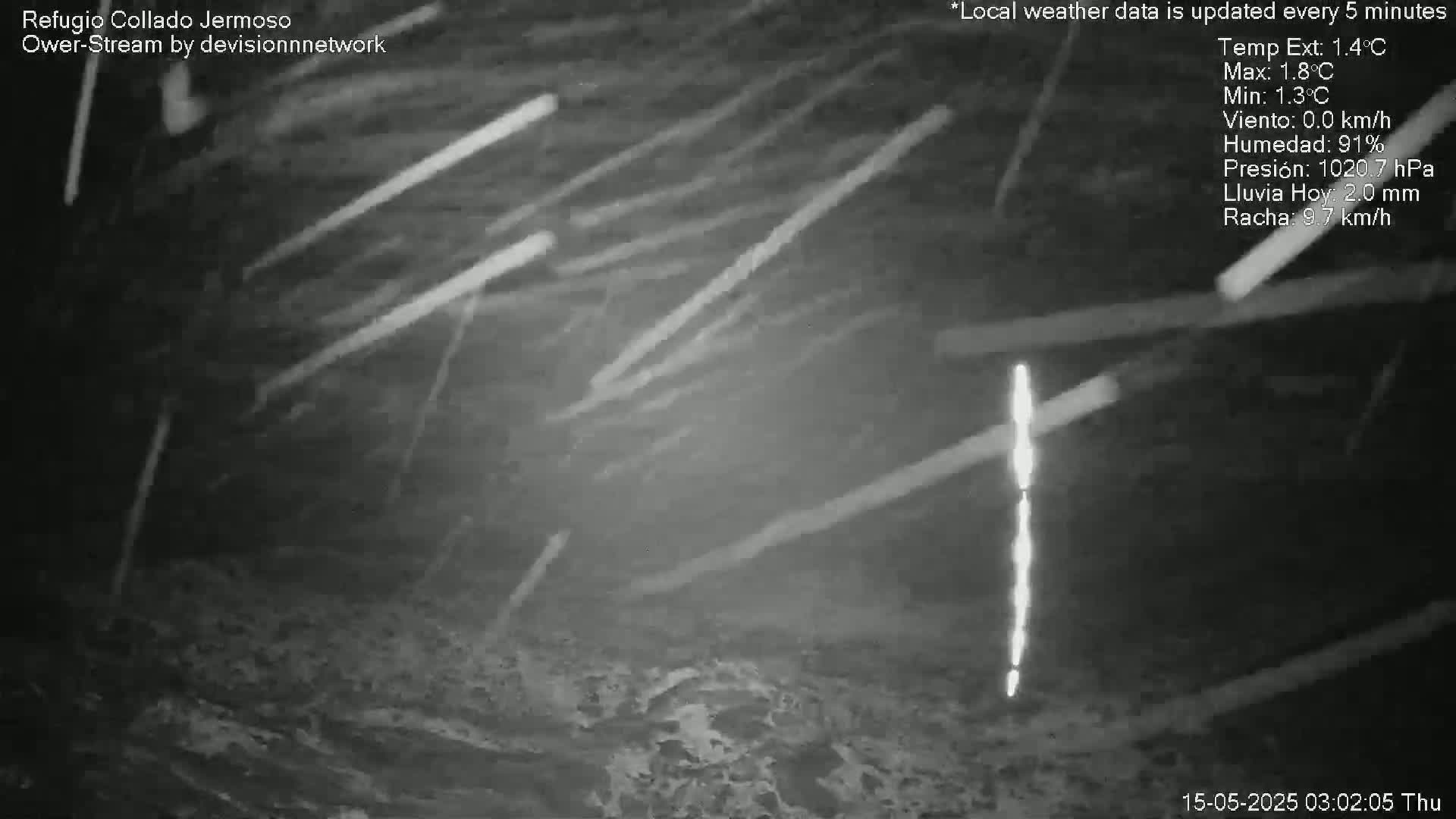 A nighttime, outdoor scene shows streaks of light in the dark sky, possibly caused by rain or snow, falling onto a dark, textured ground.