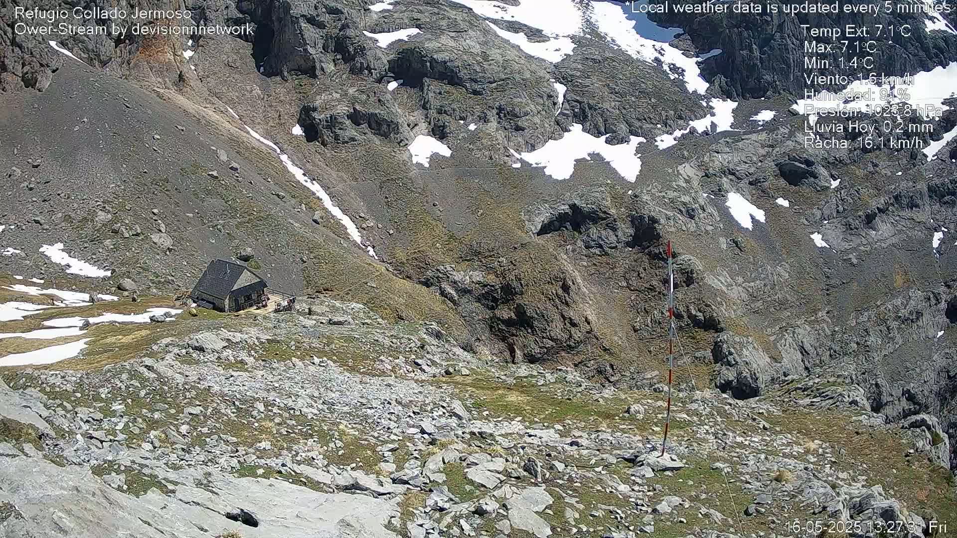 A small building sits on a rocky, mountainous landscape with patches of snow and sparse vegetation in sunny weather.