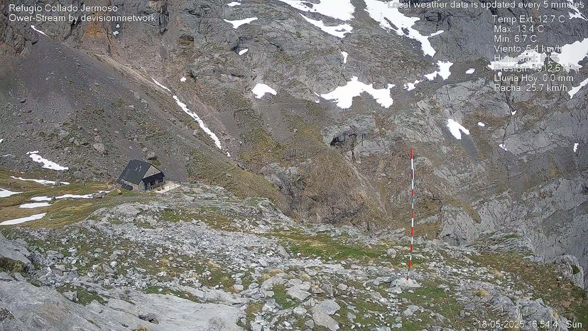 A small stone building sits on a rocky, grassy mountainside with patches of snow, under a partly sunny sky.