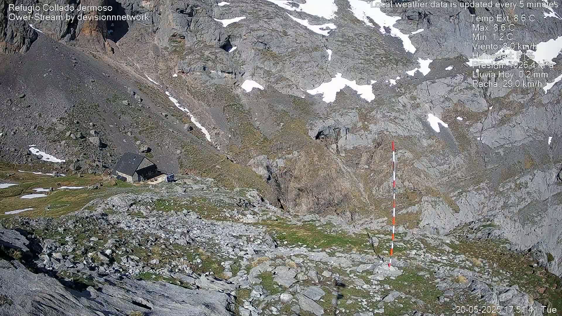 A small stone building sits on a rocky mountainside with patches of grass and snow under a sunny sky.