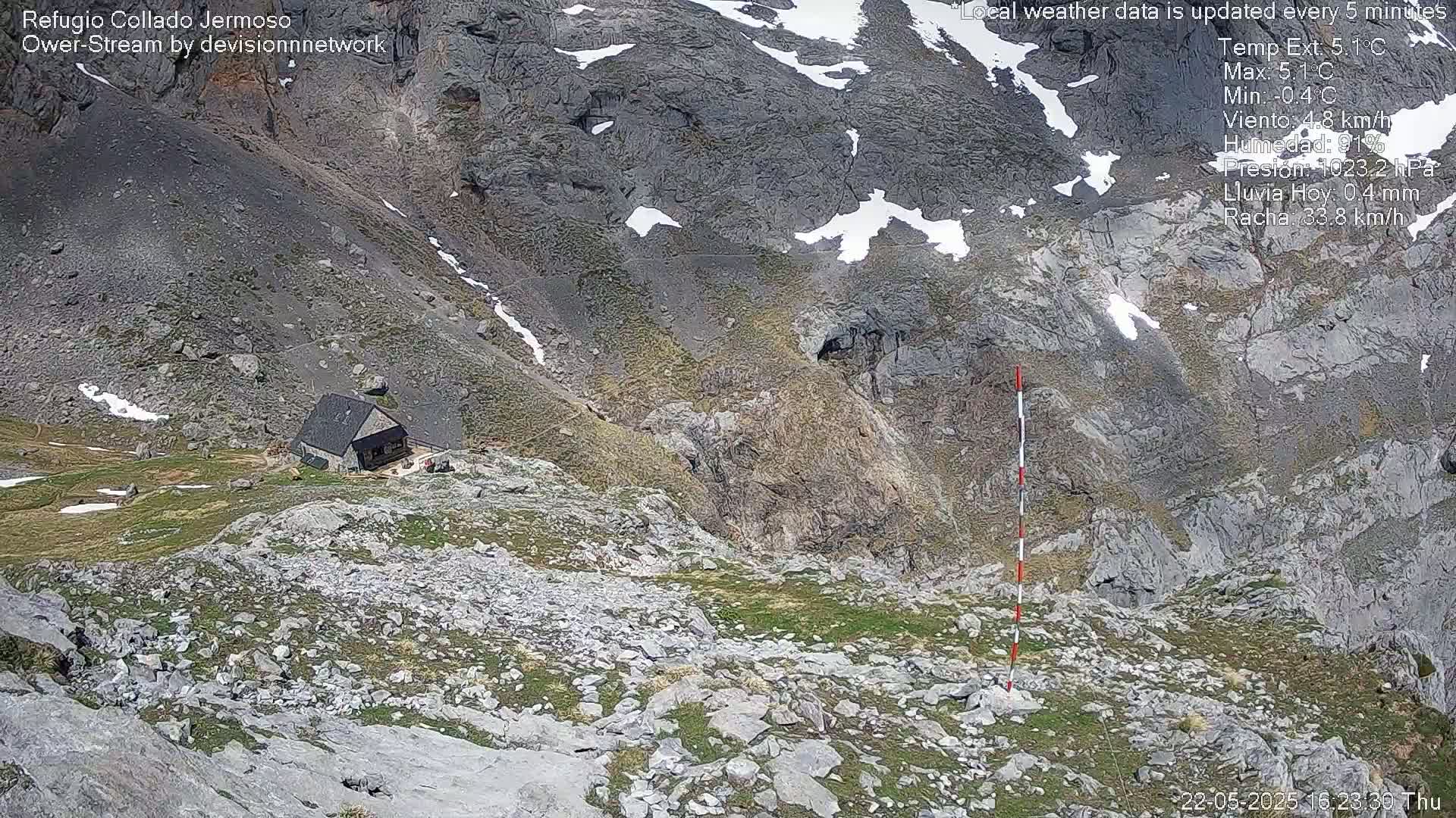 A small stone building sits on a rocky, mountainous slope with patches of grass and some remaining snow, under partly sunny skies.