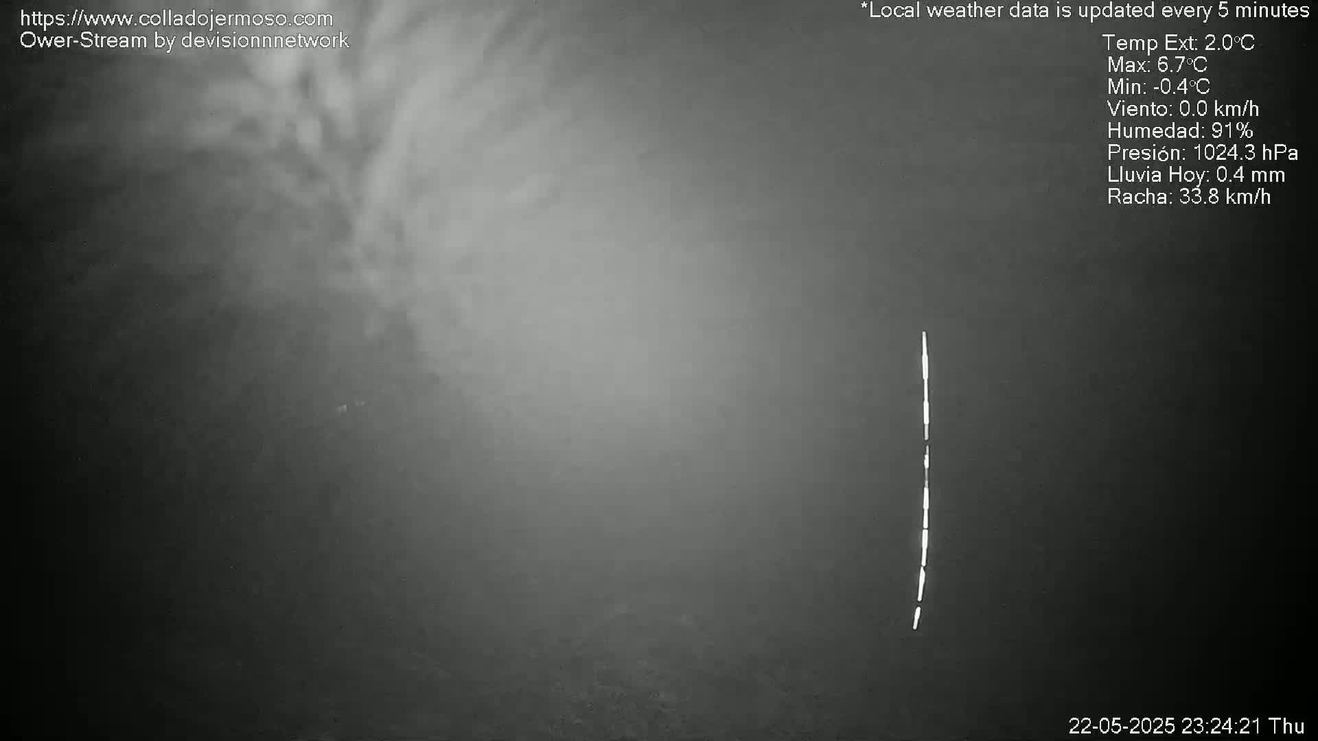 A dark, foggy scene is illuminated by a thin, vertical streak of light.