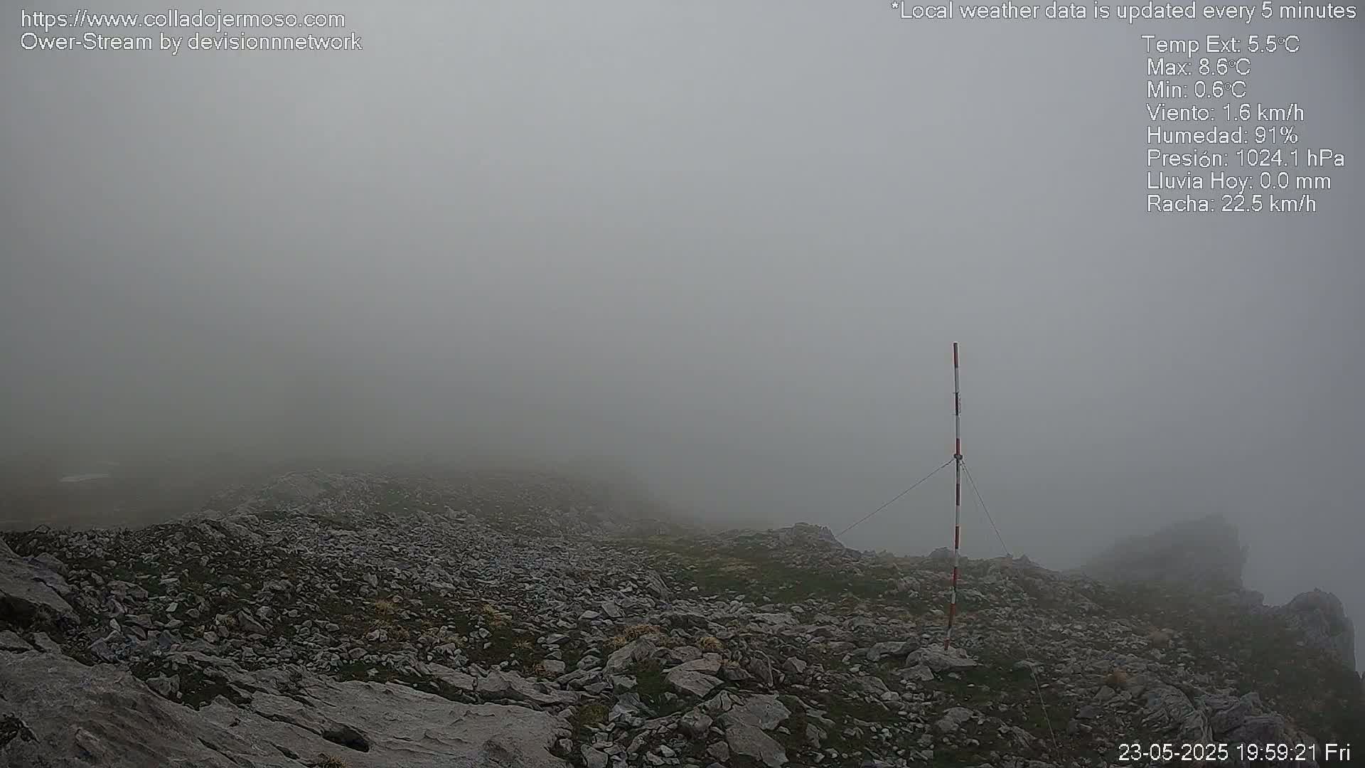 A rocky, fog-shrouded landscape is visible, with a tall pole standing near the foreground.