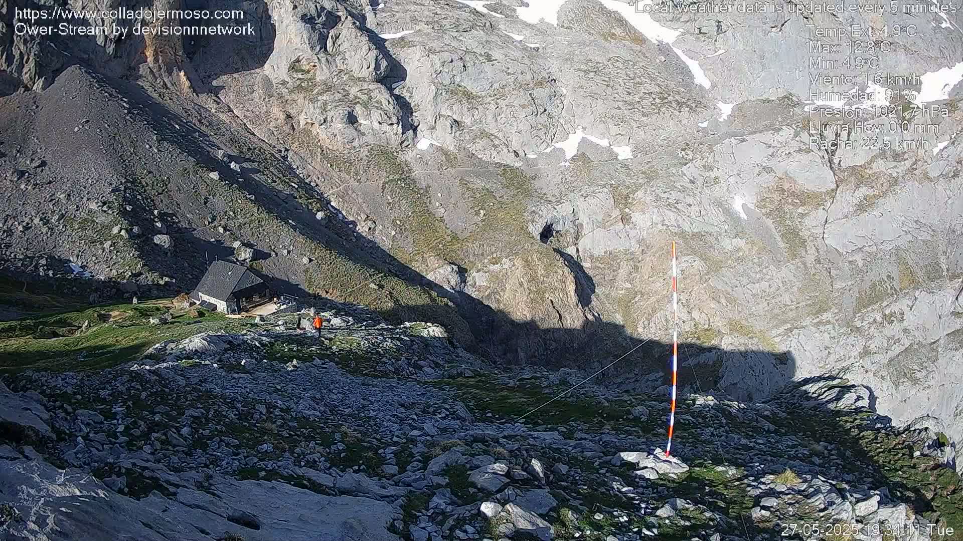 A rocky mountainside with sparse vegetation, a small building, and two people walking, under sunny conditions.