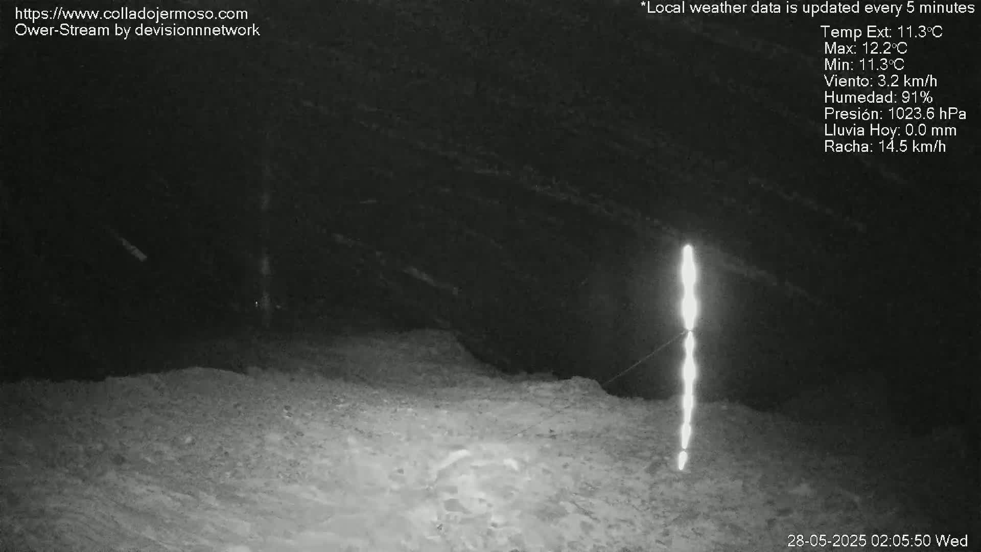 A nighttime, low-light image shows a dark, uneven ground with a bright vertical line of light extending from the bottom to near the top.