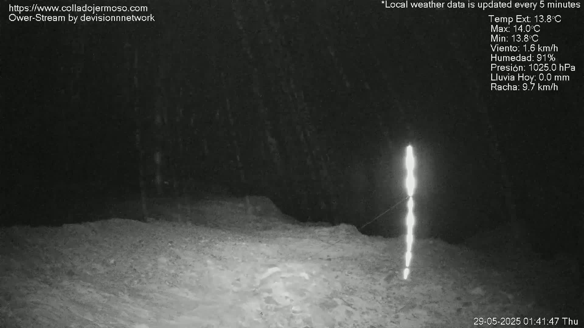 A nighttime, snowy scene shows a dimly lit, snow-covered ground with a bright vertical light source in the right center.