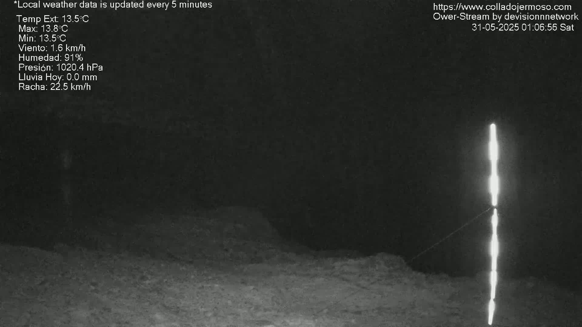 A nighttime, low-light image shows a bright vertical light source in the center, against a dark background of ground and sky.