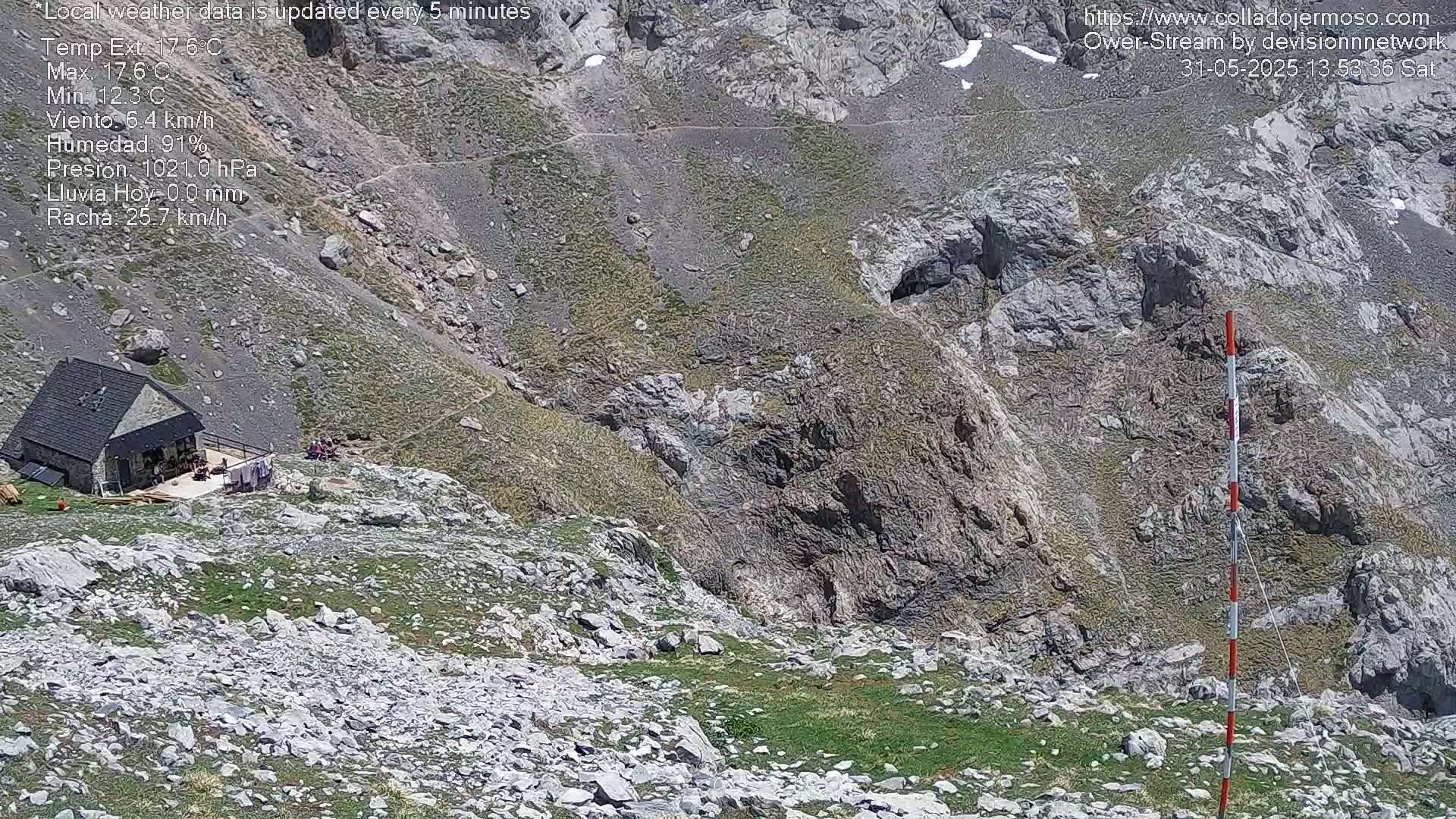 A stone hut sits on a rocky mountainside with patches of sparse green vegetation, under a mostly clear sky.
