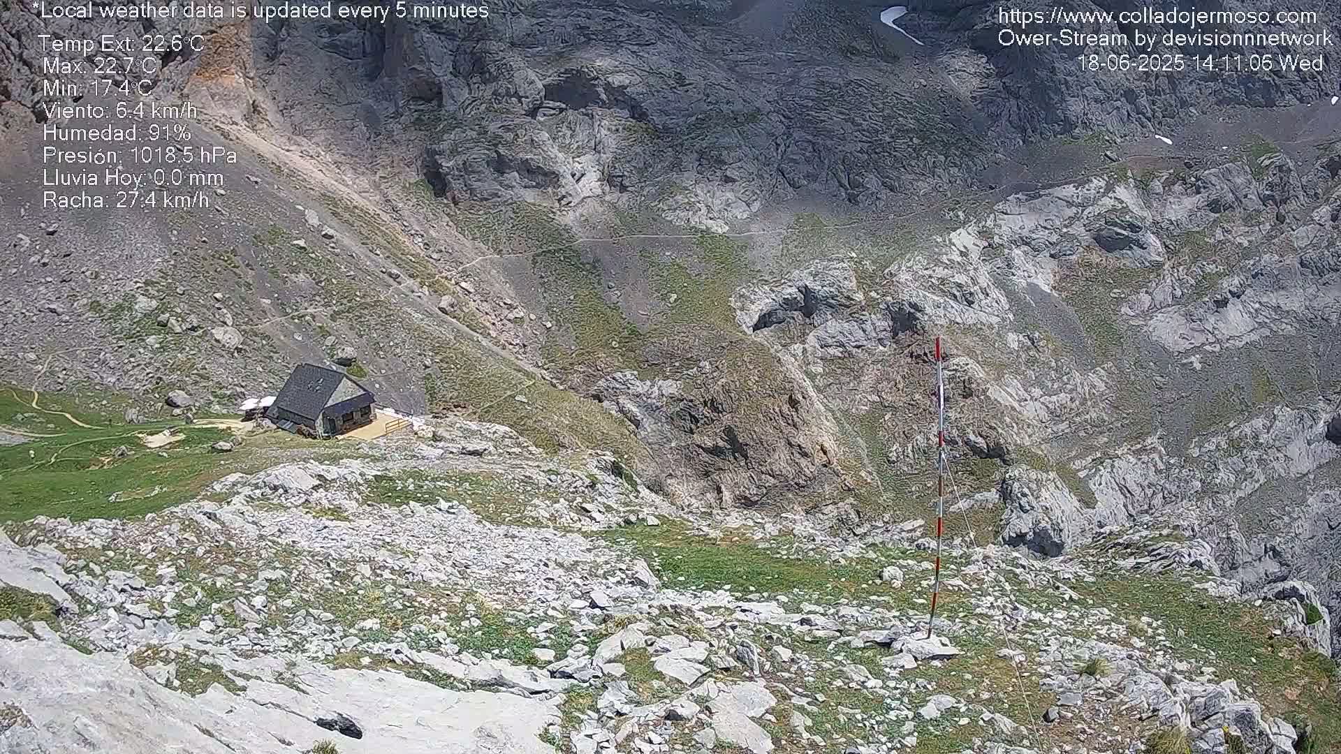 A small building sits atop a rocky, mountainous landscape with patches of sparse vegetation under a sunny sky.