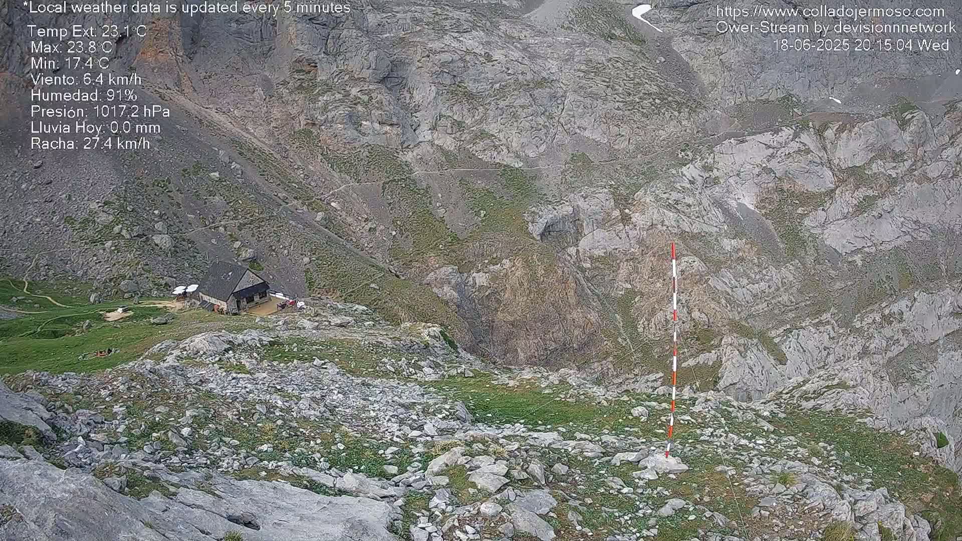A mountaintop cabin is nestled among rocky terrain and sparse vegetation, viewed from above under a seemingly clear sky.