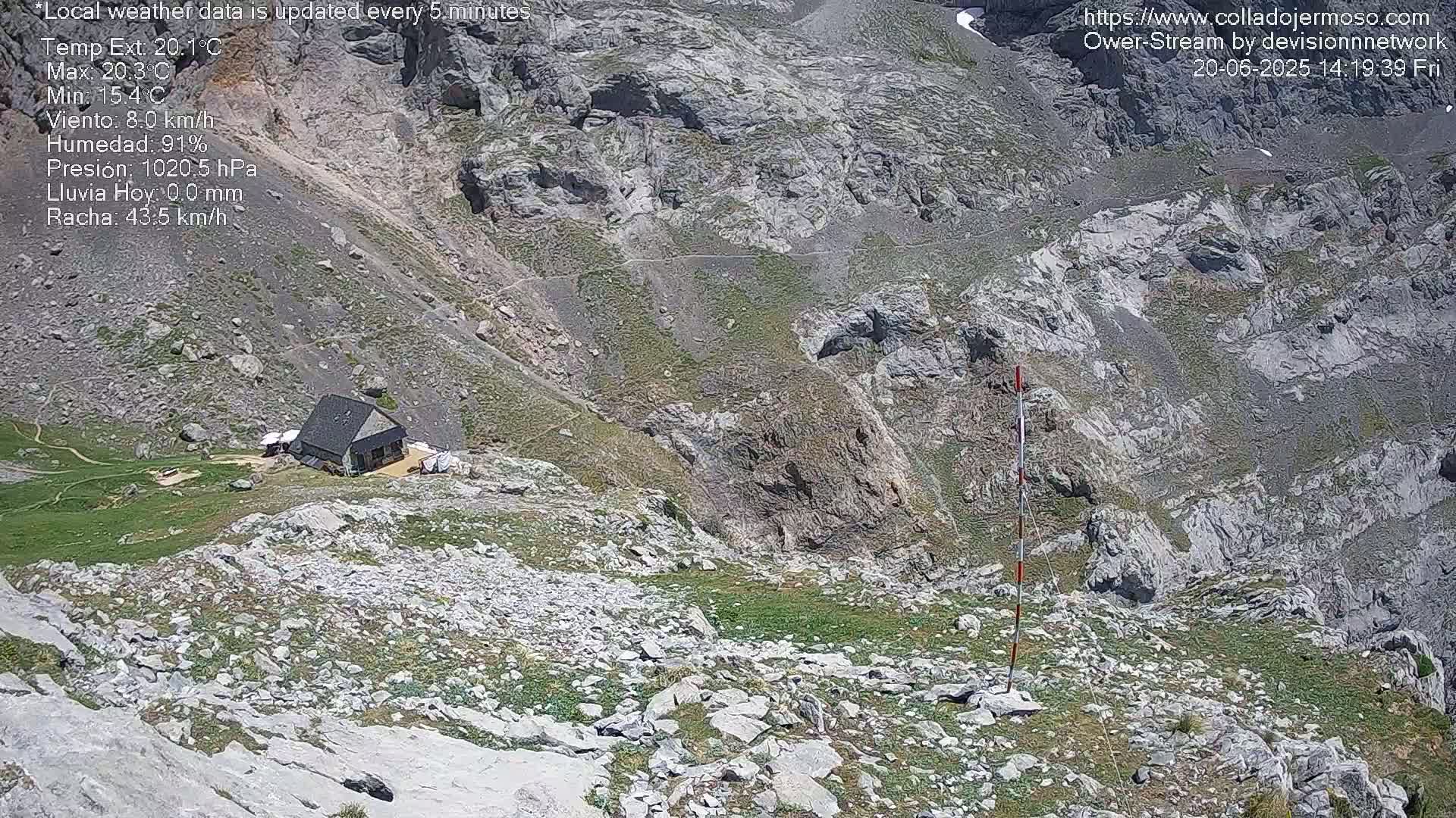 A small building sits in a rocky mountain valley with sparse vegetation under a sunny sky.