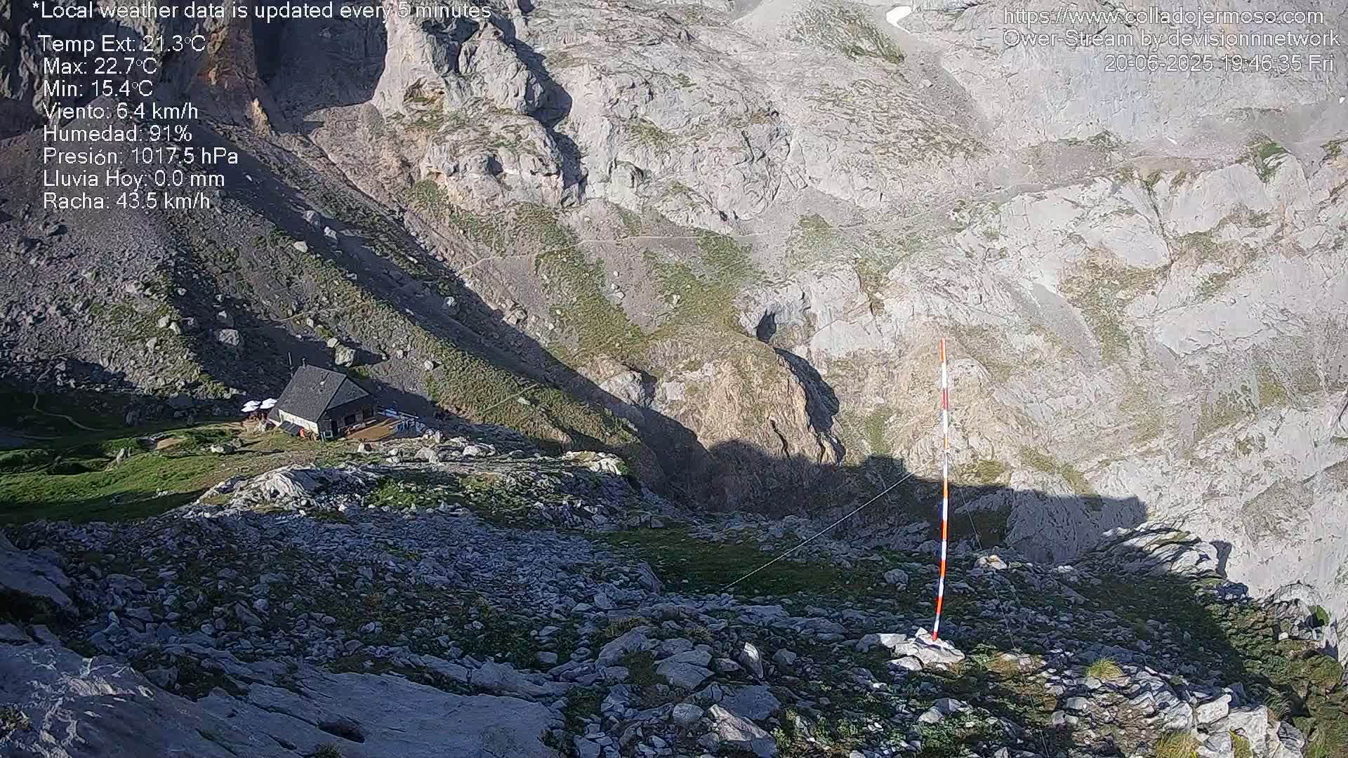 A mountaintop view shows a small building nestled among rocky terrain with sparse vegetation under a sunny sky.