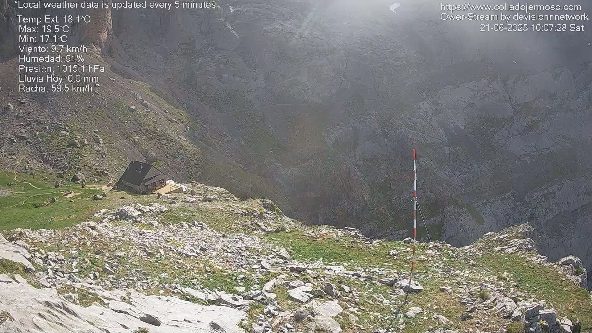 A mountaintop view shows a small building nestled amongst rocky terrain and sparse vegetation under bright, sunny conditions.