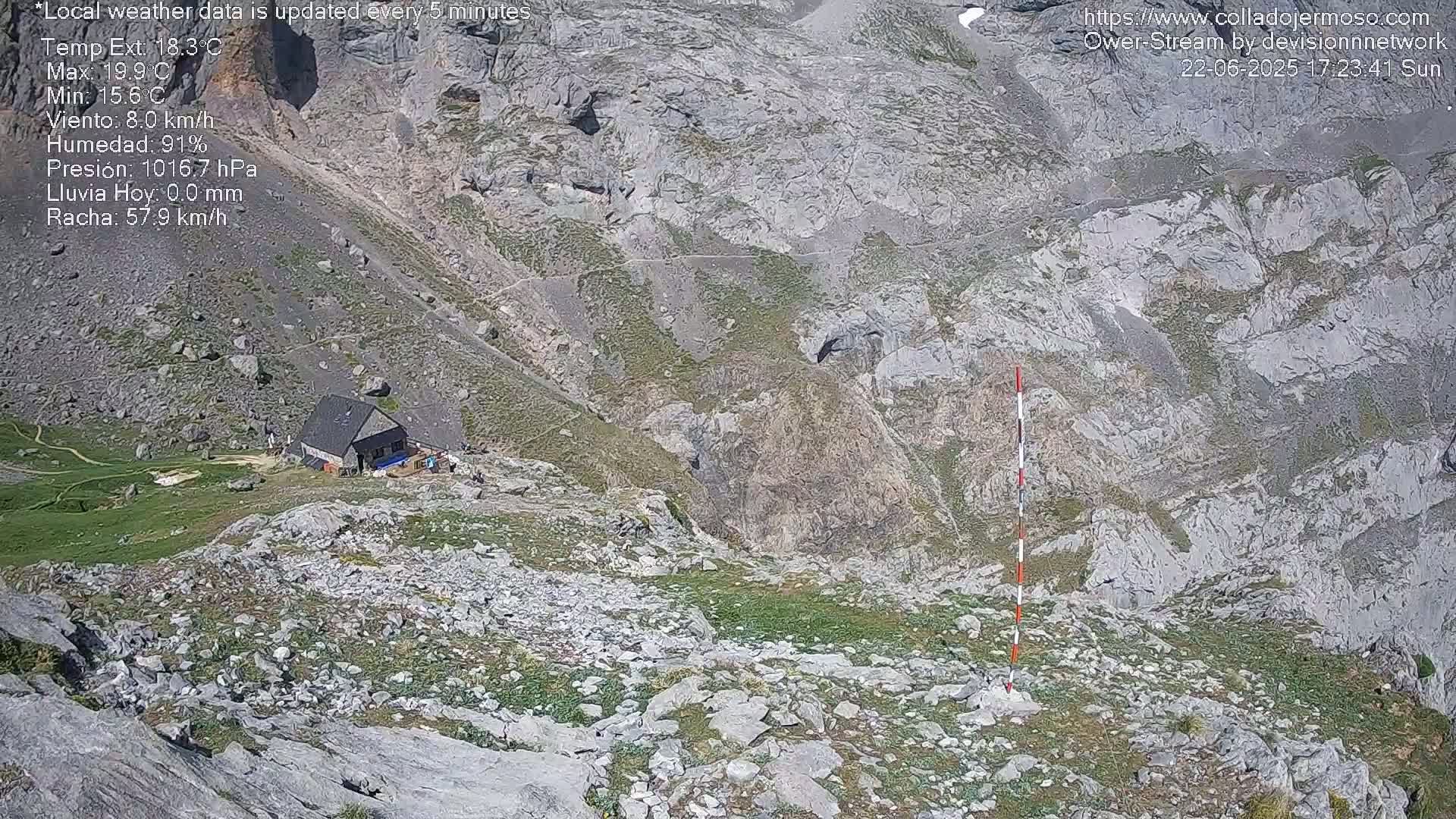 A mountaintop stone hut is visible, surrounded by rocky terrain with patches of sparse vegetation, on a sunny day.