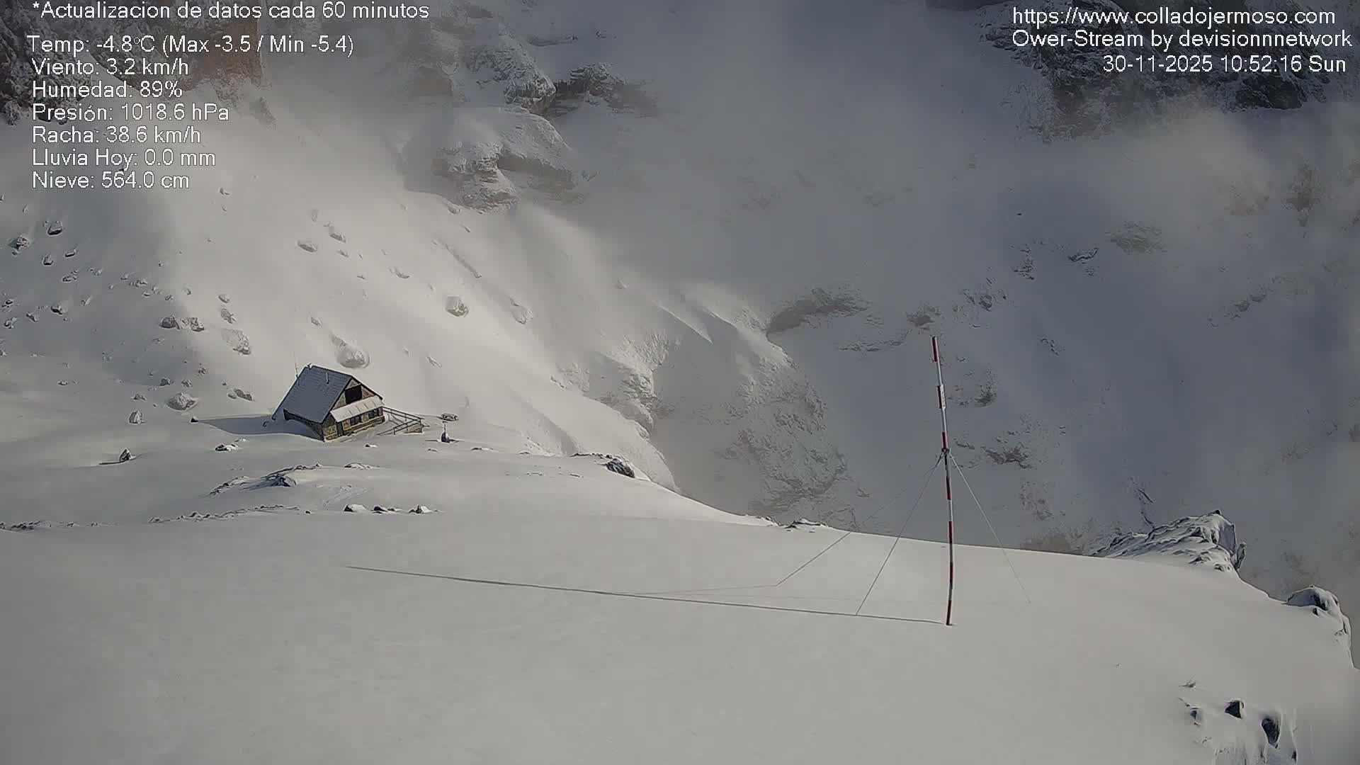 A vast, snow-covered mountain landscape unfolds under an overcast sky, revealing a small building nestled into a snowy slope and a striped marker pole in the foreground, indicating cold, wintry conditions.