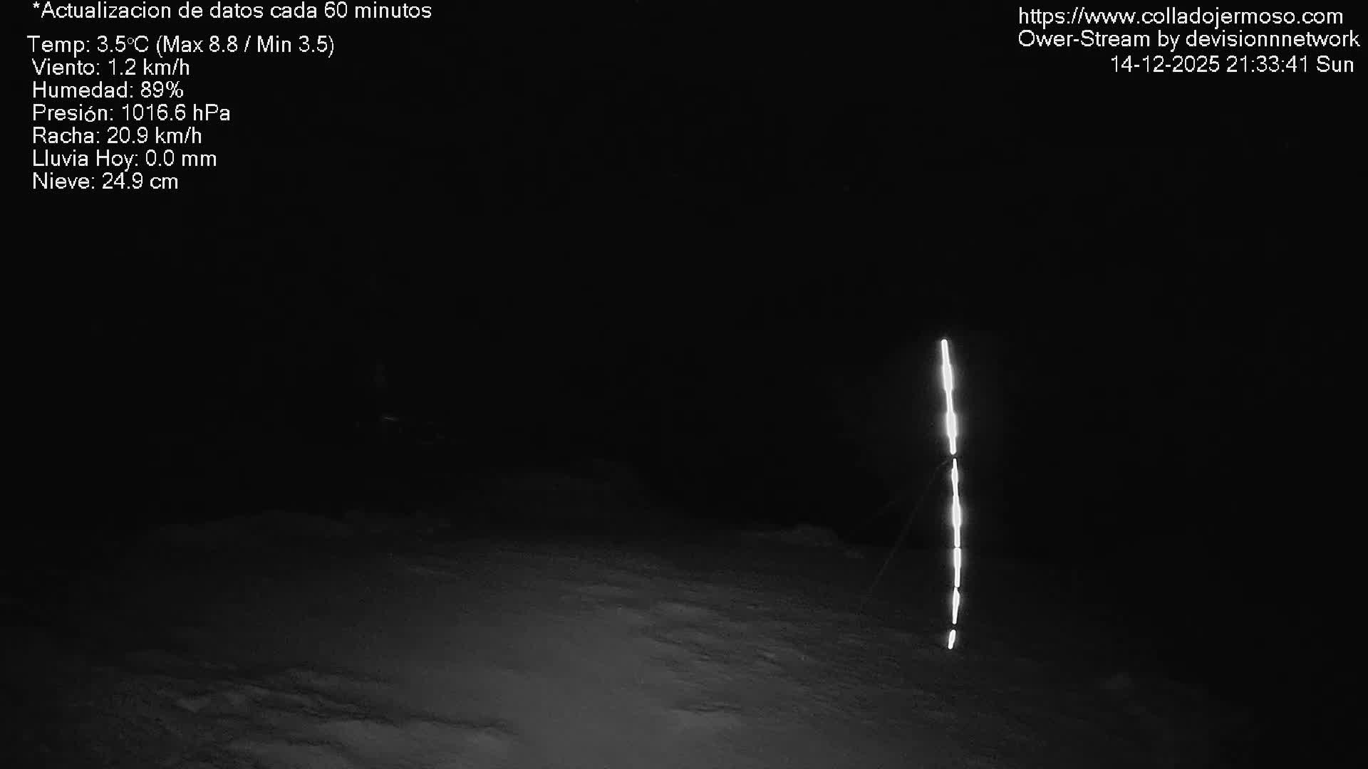 A vast, snow-covered mountain landscape unfolds under an overcast sky, revealing a small building nestled into a snowy slope and a striped marker pole in the foreground, indicating cold, wintry conditions.