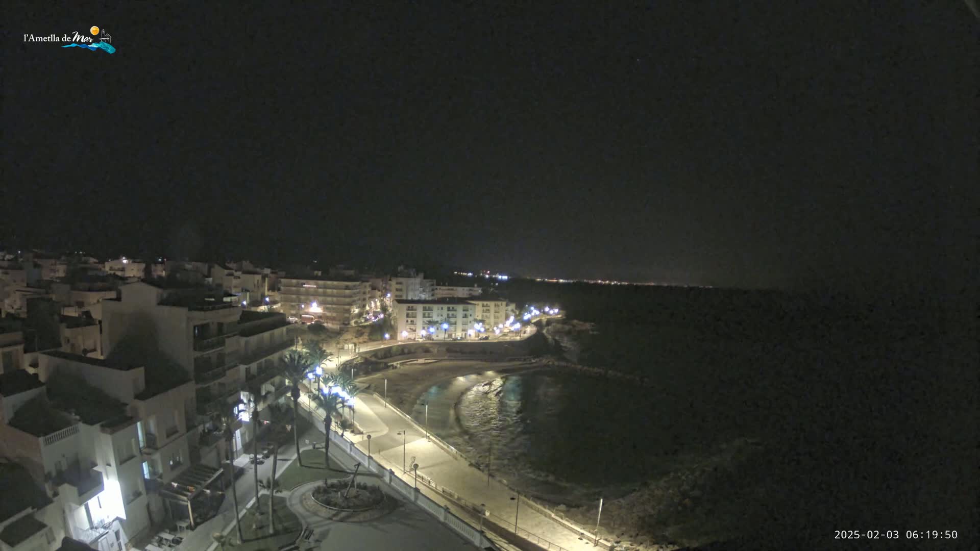 A nighttime, overhead view of a coastal town with a crescent-shaped bay, lit streets, and palm trees.