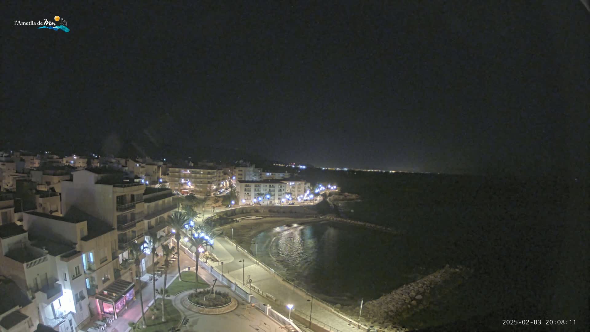A nighttime, high-angle view of a coastal town with a calm bay, illuminated buildings, and palm trees lining a paved walkway.