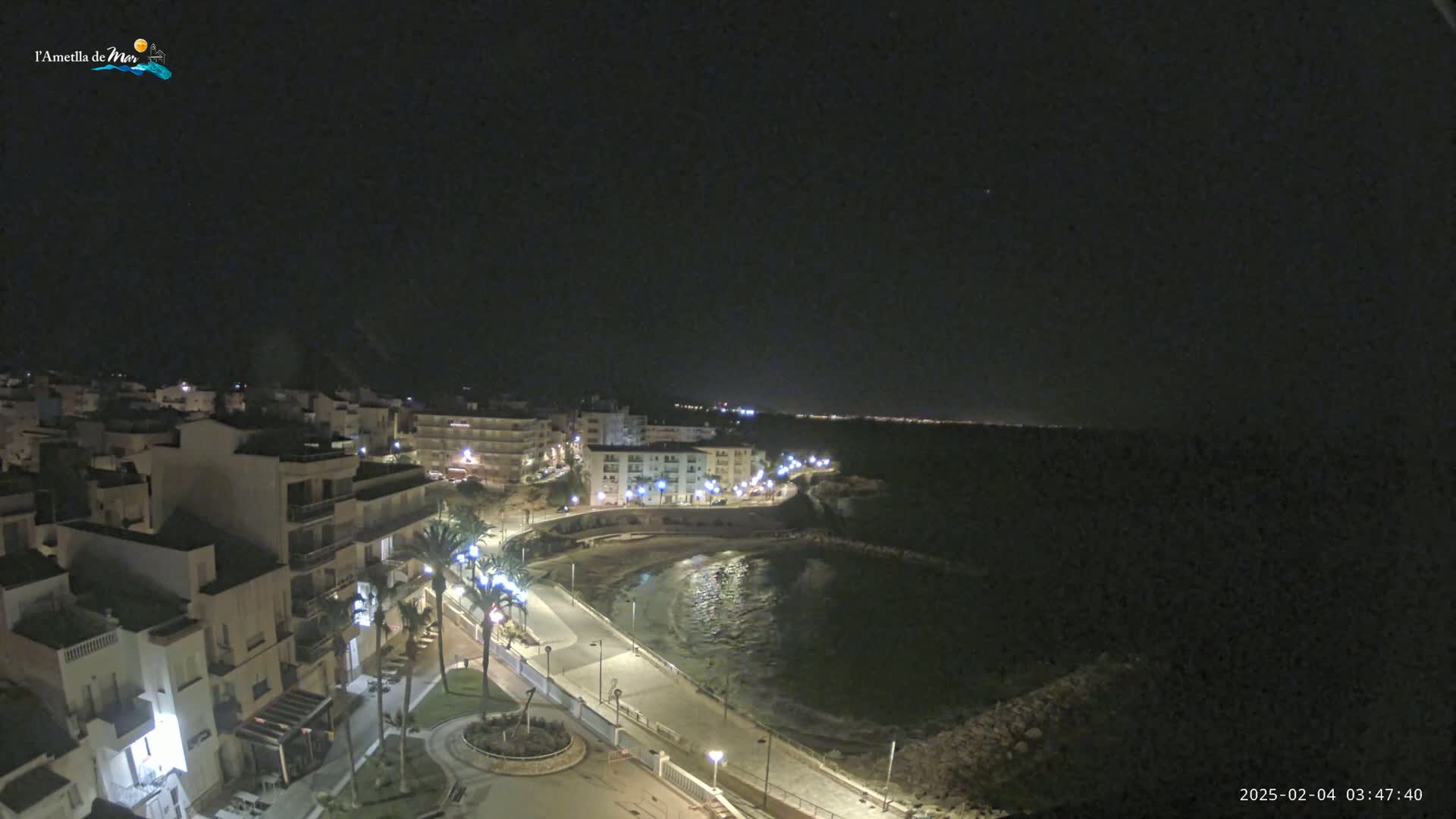 A nighttime view of a coastal town with a crescent-shaped bay, illuminated buildings, and palm trees lining a paved walkway.