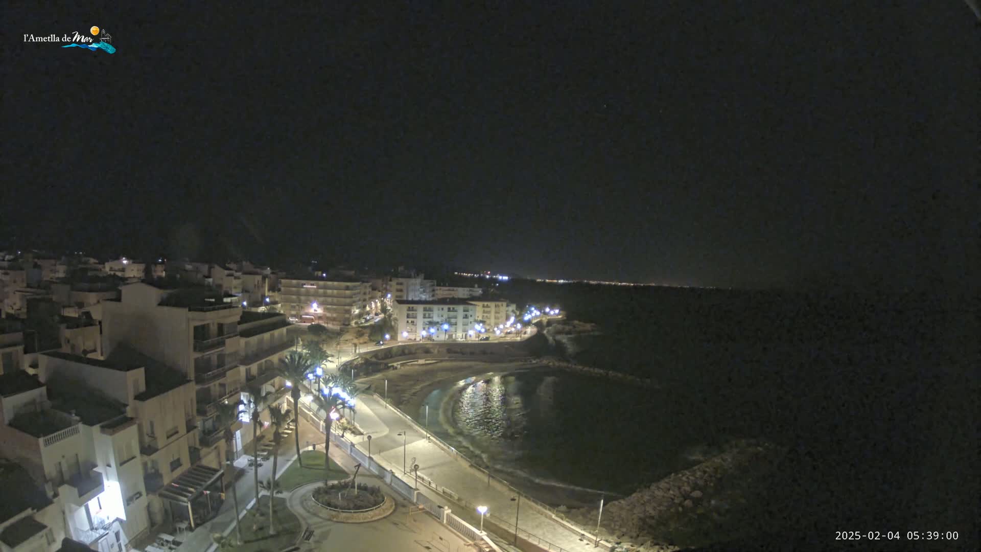 A nighttime view of a coastal town with a crescent-shaped bay, illuminated buildings, and palm trees lining a paved walkway.