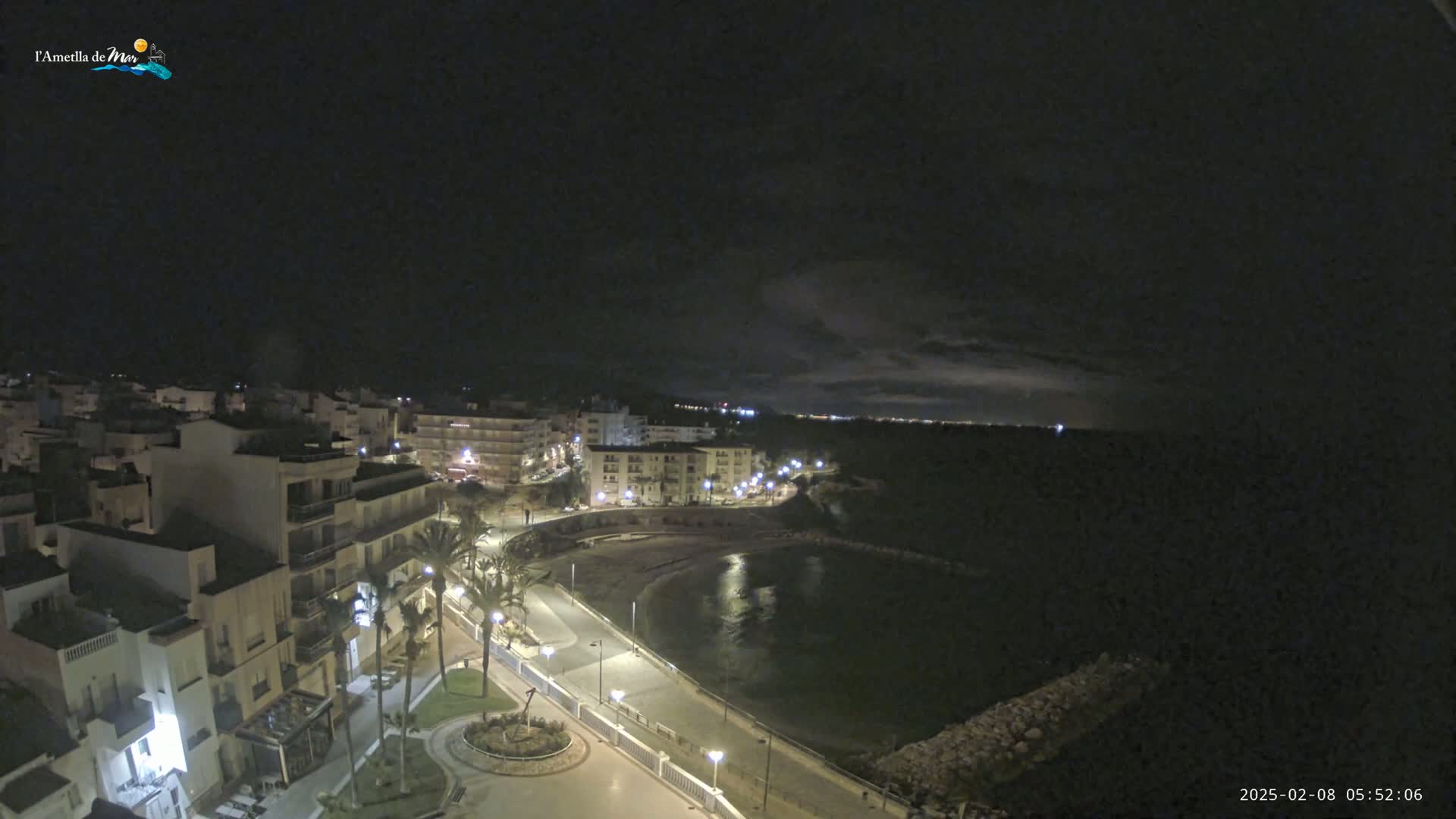 A nighttime, coastal town scene shows a calm bay with a paved waterfront path lined with palm trees and buildings with lights on, under a dark, mostly cloudy sky.