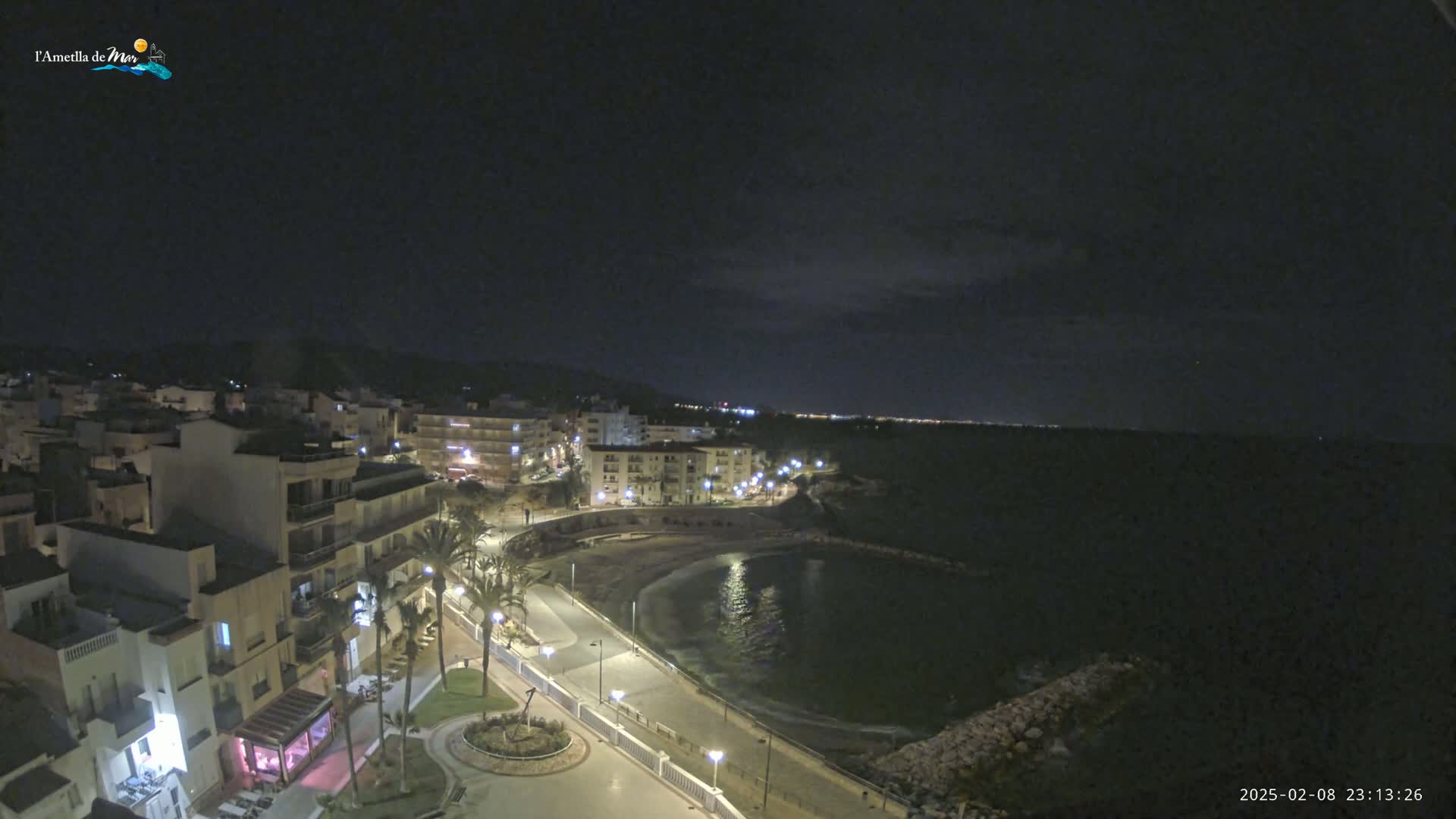 A nighttime view of a coastal town with a calm bay, illuminated buildings, and palm trees lining a paved walkway.