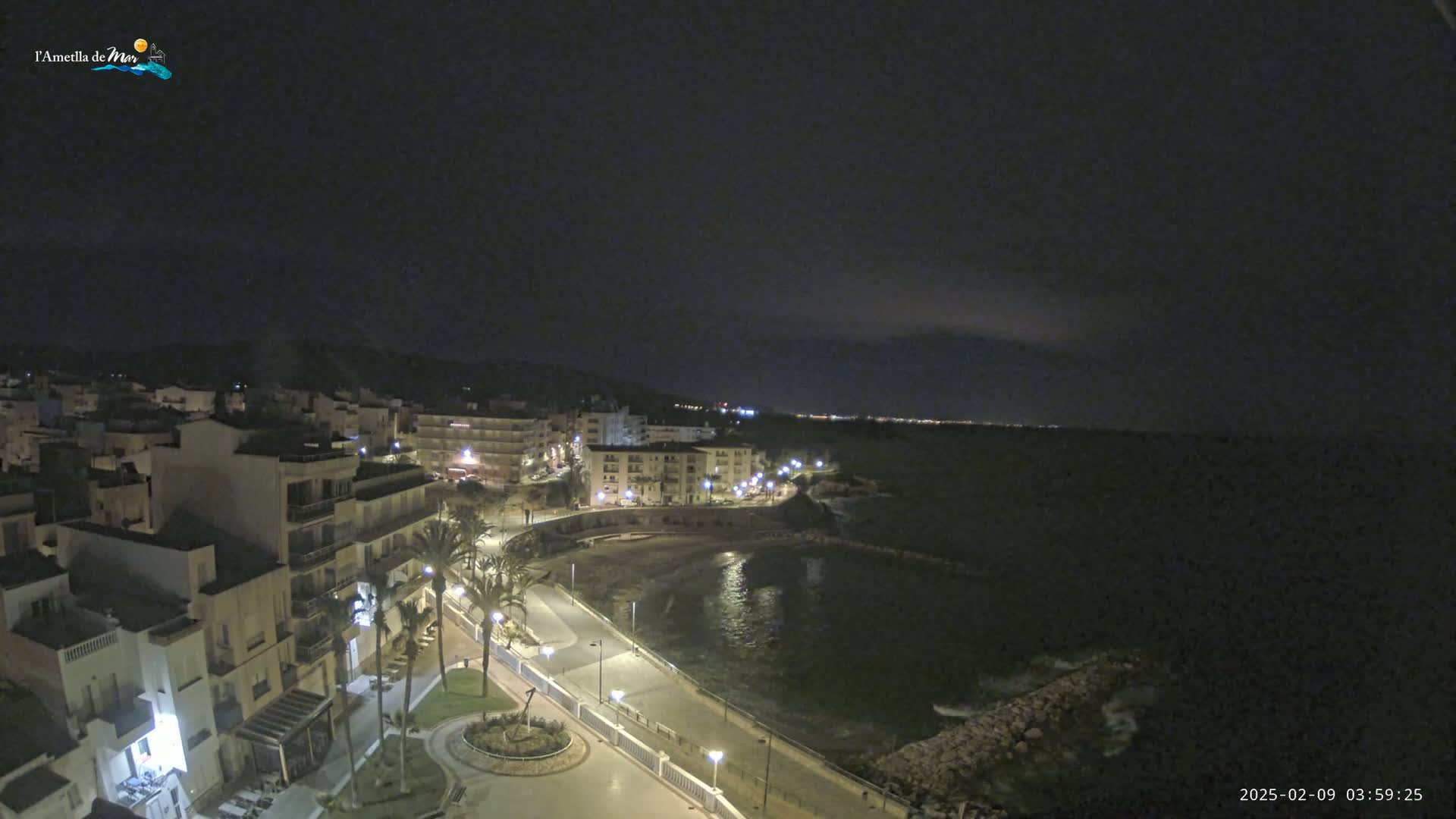 A nighttime, high-angle view of a coastal town with a calm sea, illuminated buildings, and palm trees lining a paved waterfront.