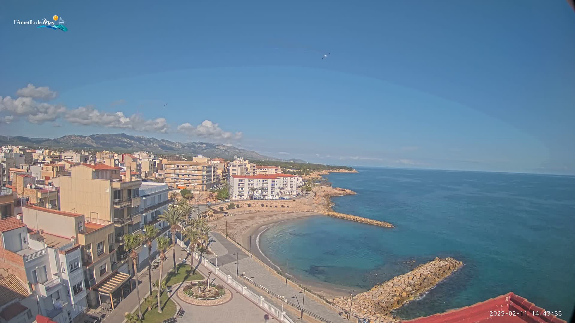 A coastal town with buildings, palm trees, and a small, sandy cove next to a calm, blue sea under a mostly sunny sky with a few clouds.
