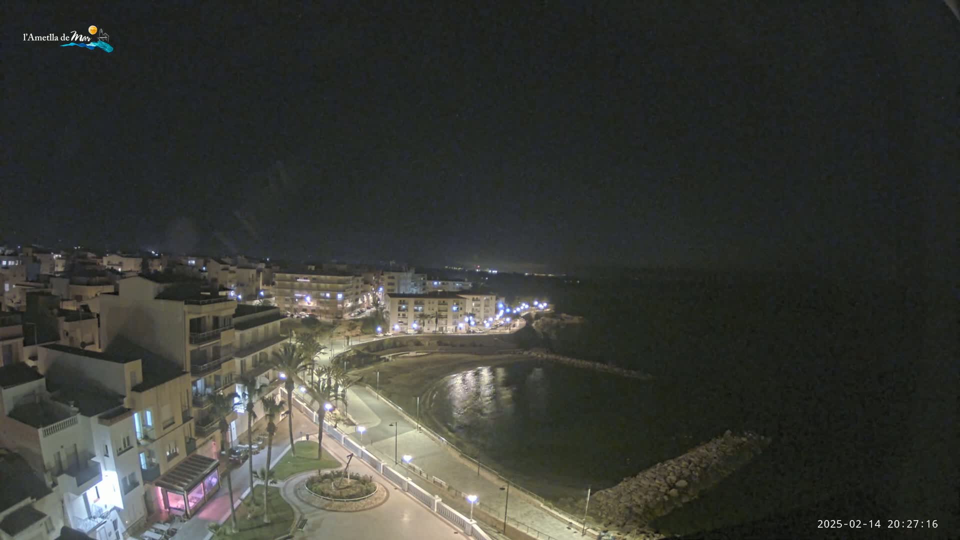 A nighttime, high-angle view of a coastal town with a calm bay, illuminated buildings, and palm trees lining a paved walkway.