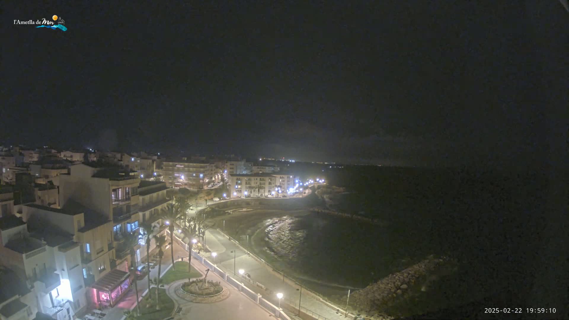 A nighttime, high-angle view of a coastal town with buildings lit up, a dark body of water, and palm trees lining a paved walkway.