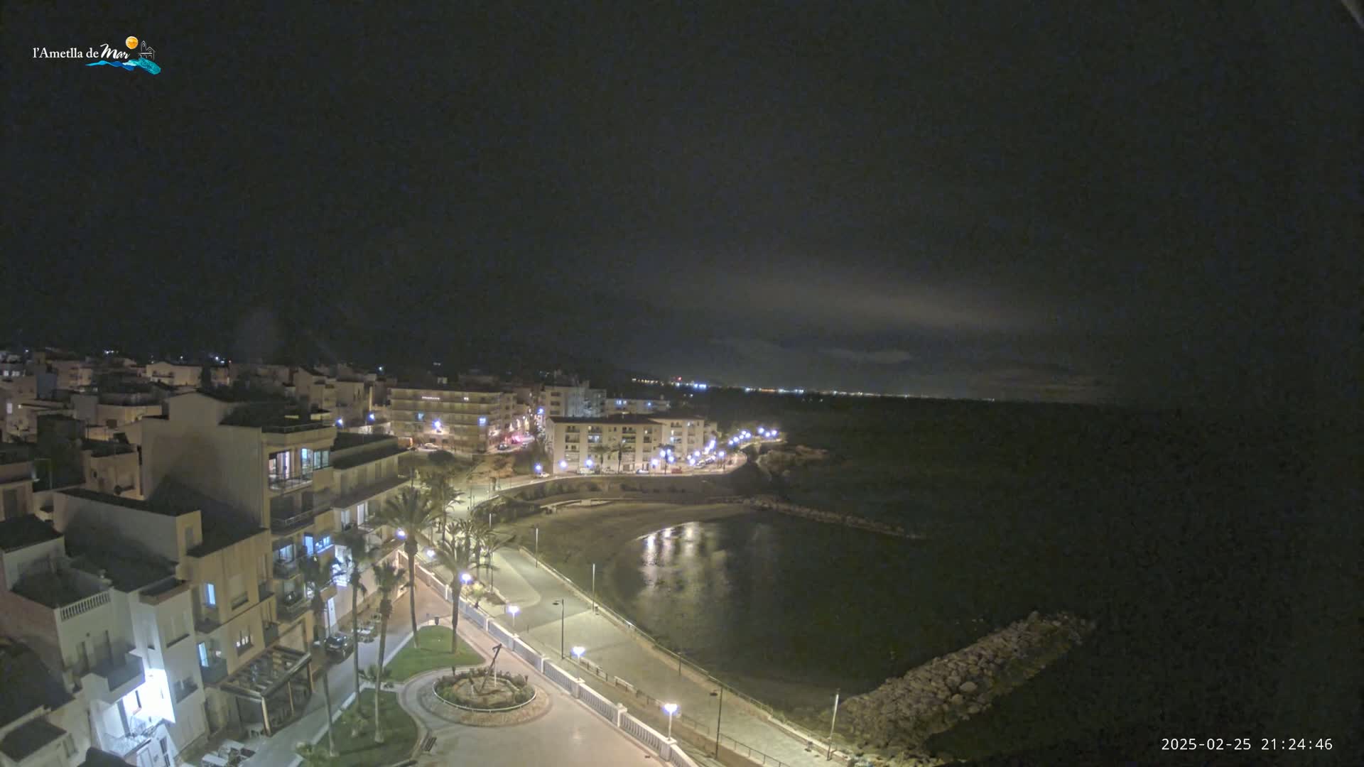 A nighttime aerial view of a coastal town with a calm bay, under a mostly clear, dark sky.