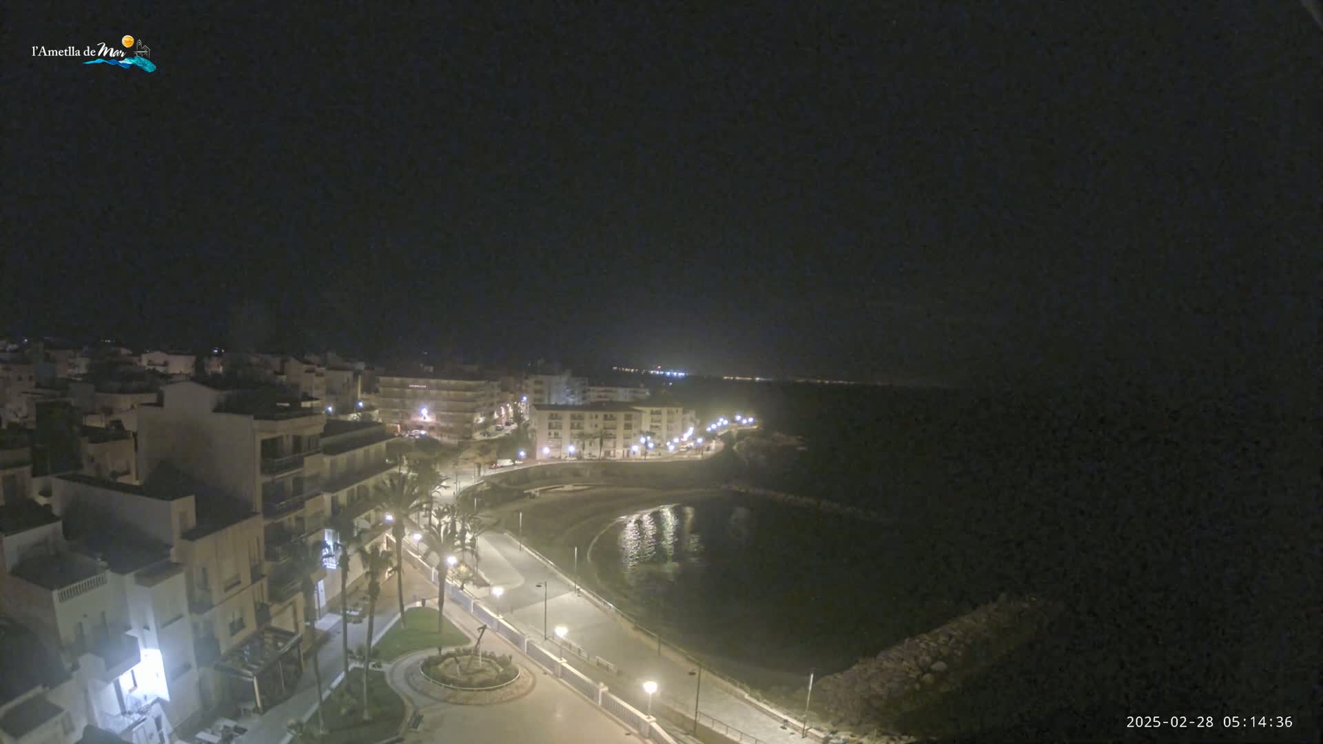 A nighttime, high-angle view shows a coastal town with a calm bay, illuminated streets, and palm trees.