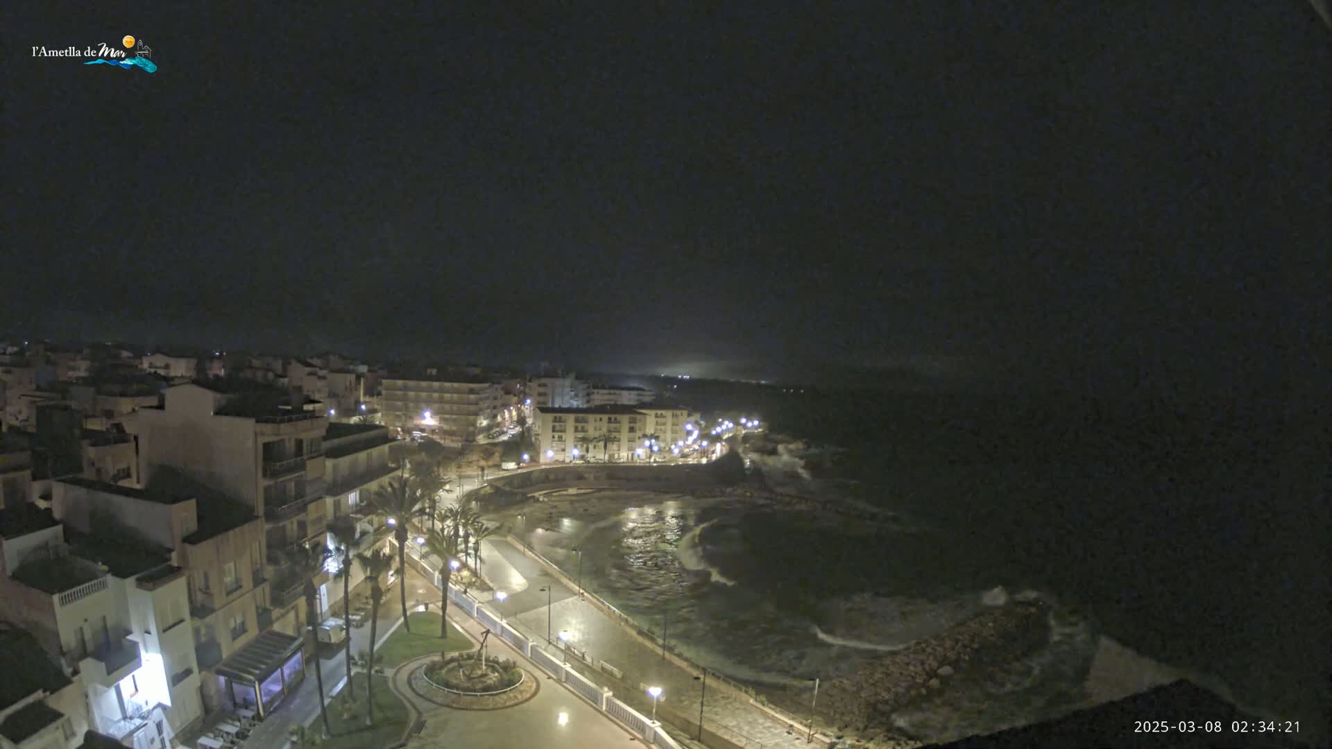A nighttime coastal town with palm trees lining a paved walkway overlooking a dark, wavy ocean under a clear, dark sky.