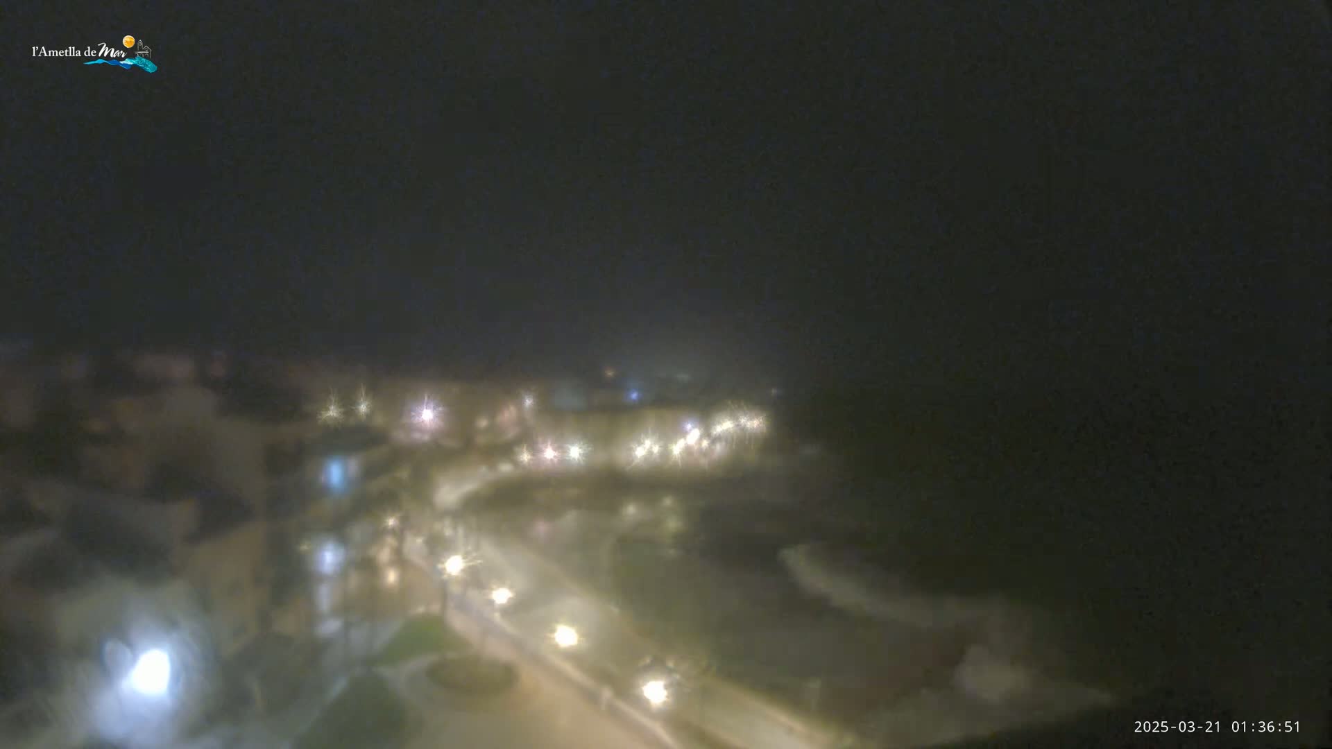 A foggy night scene shows a dimly lit town with streetlights illuminating roads and buildings.