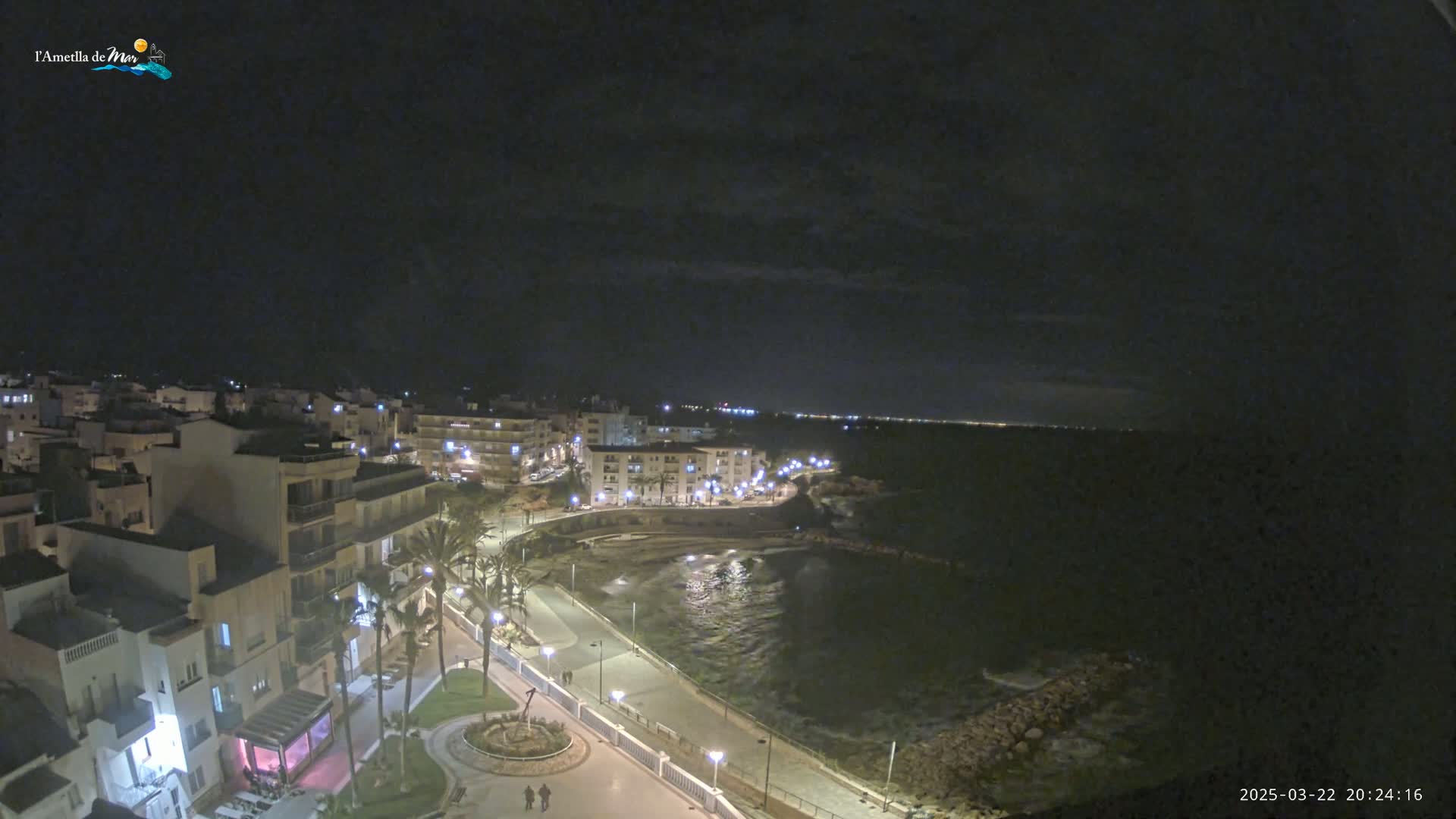 A nighttime view of a coastal town with calm waters, palm trees lining a paved waterfront, and buildings illuminated along the shoreline under a dark, cloudy sky.