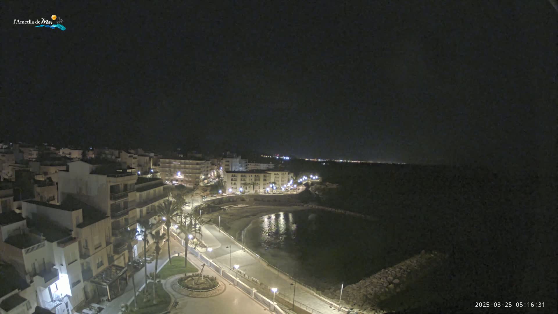 A nighttime aerial view of a coastal town with a calm bay, palm trees lining a paved walkway, and buildings illuminated by streetlights.