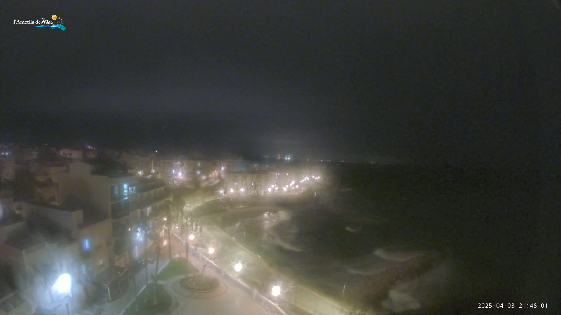 A nighttime, foggy view of a coastal town with dimly lit buildings and a dark, wavy ocean.