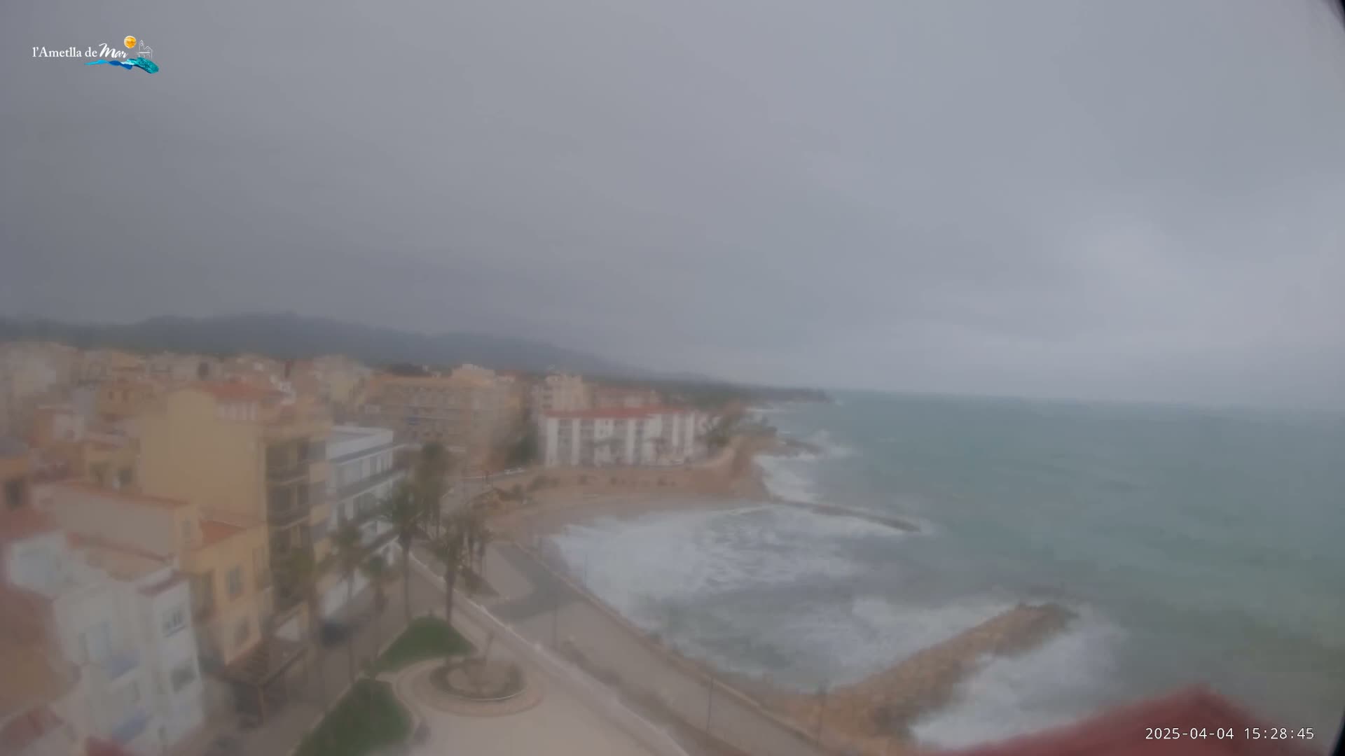 A hazy, overcast day shows a coastal town with buildings and palm trees next to a beach with rough waves.