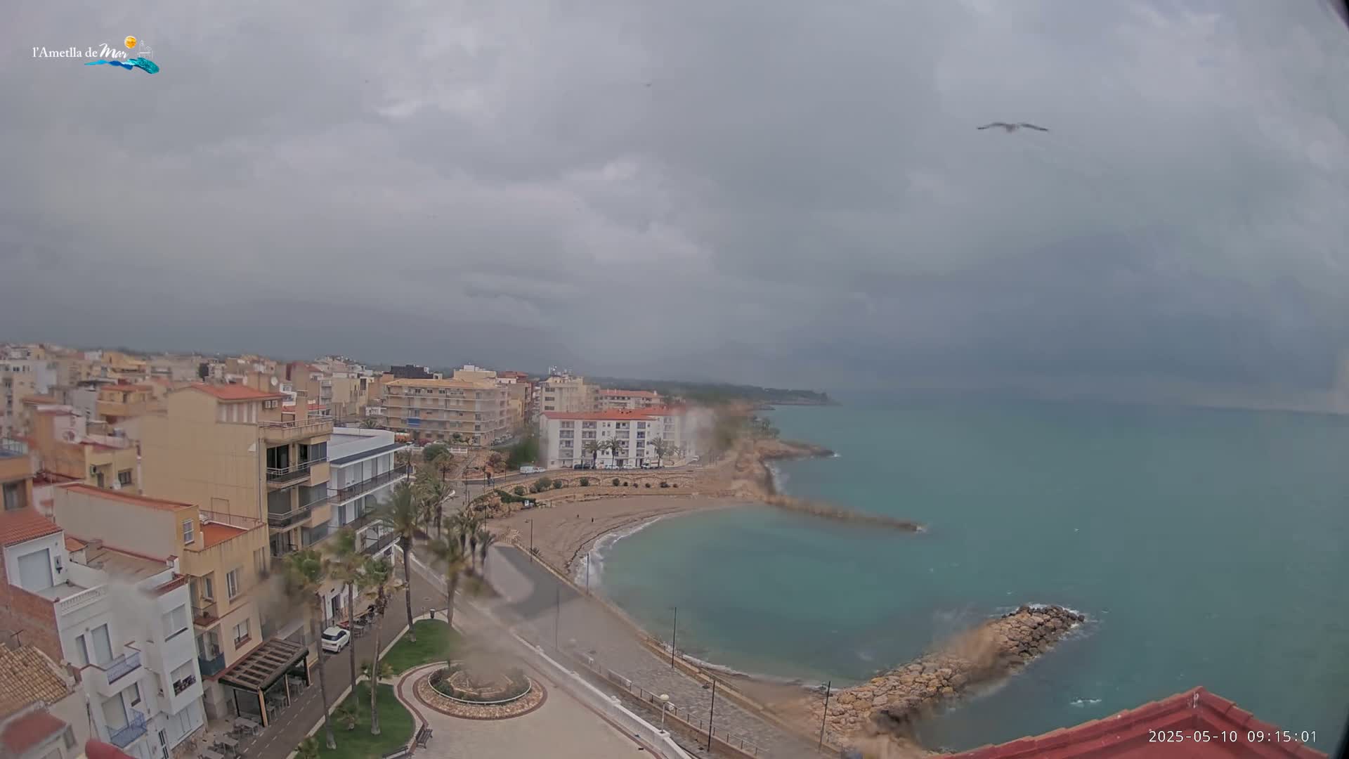A coastal town with low buildings and a small sandy cove is visible under an overcast sky, with a bird in flight.