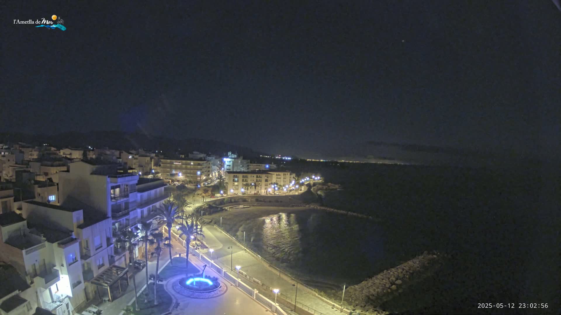 A nighttime, coastal town with buildings lit up along a paved waterfront, a calm bay, and a clear sky.