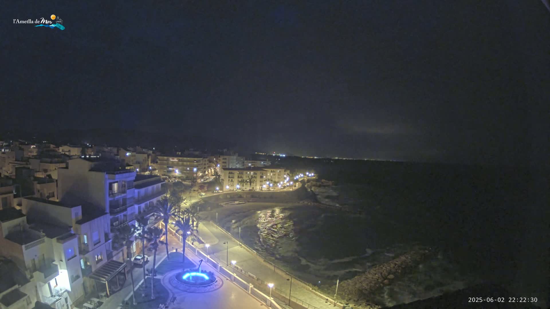 A nighttime view of a coastal town with buildings illuminated, palm trees lining a walkway by the sea, and calm dark water under a clear, dark sky.