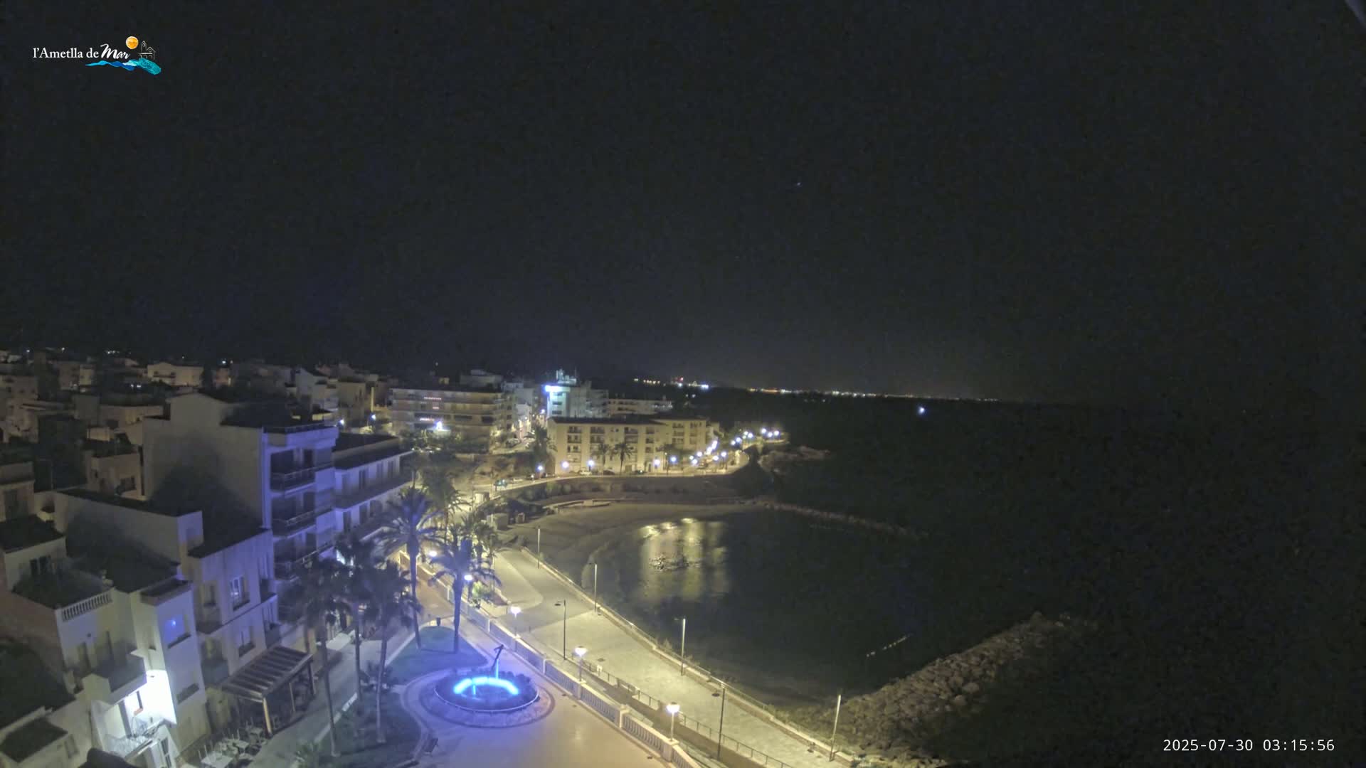 An overcast sky hangs over a coastal town with a small, crescent-shaped beach and calm ocean.
