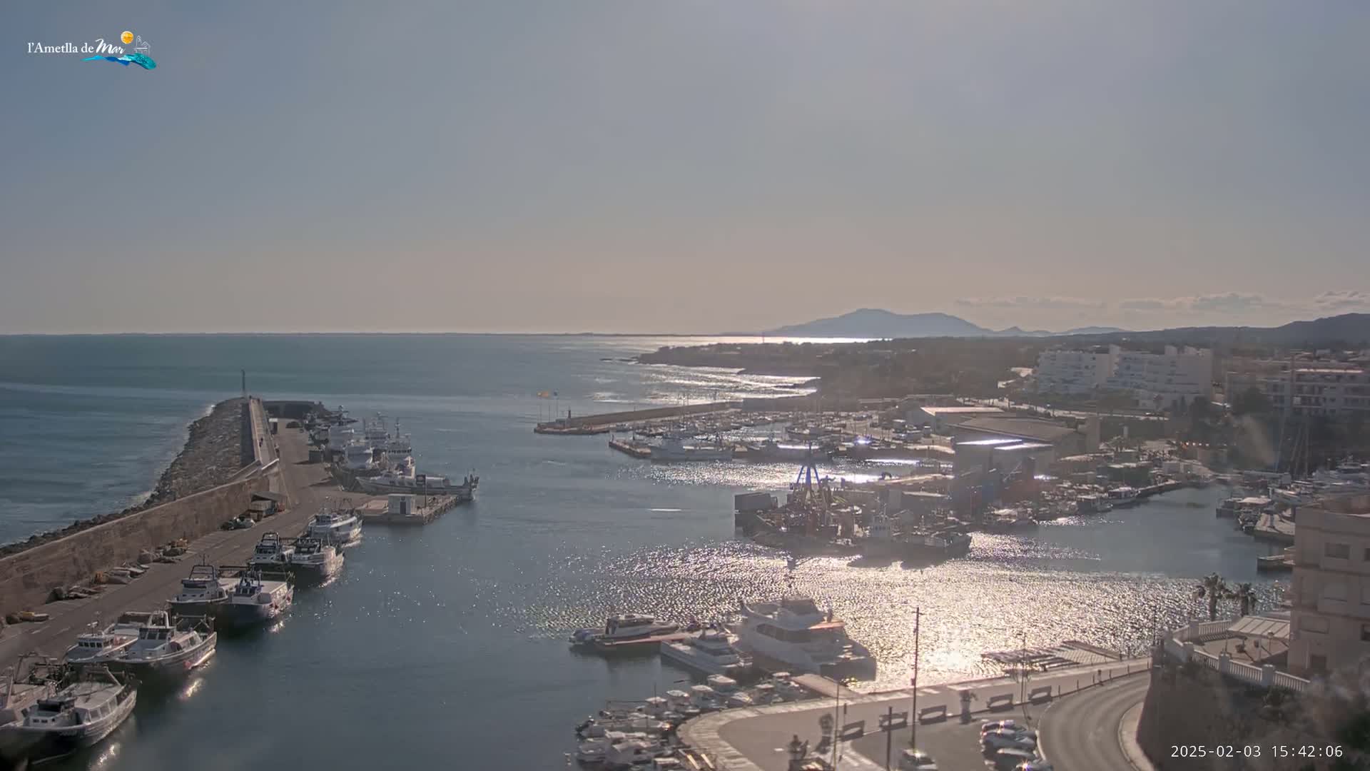A sunny harbor filled with numerous boats is seen from an elevated viewpoint, with a calm sea extending to a distant coastline and mountains.